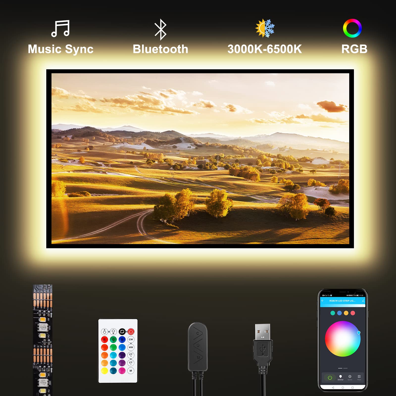Tatazone Bluetooth RGBWW LED Backlight for 70-75 Inch TV, Model LR7008, RGB+Tunable White, App Control, Music Sync
