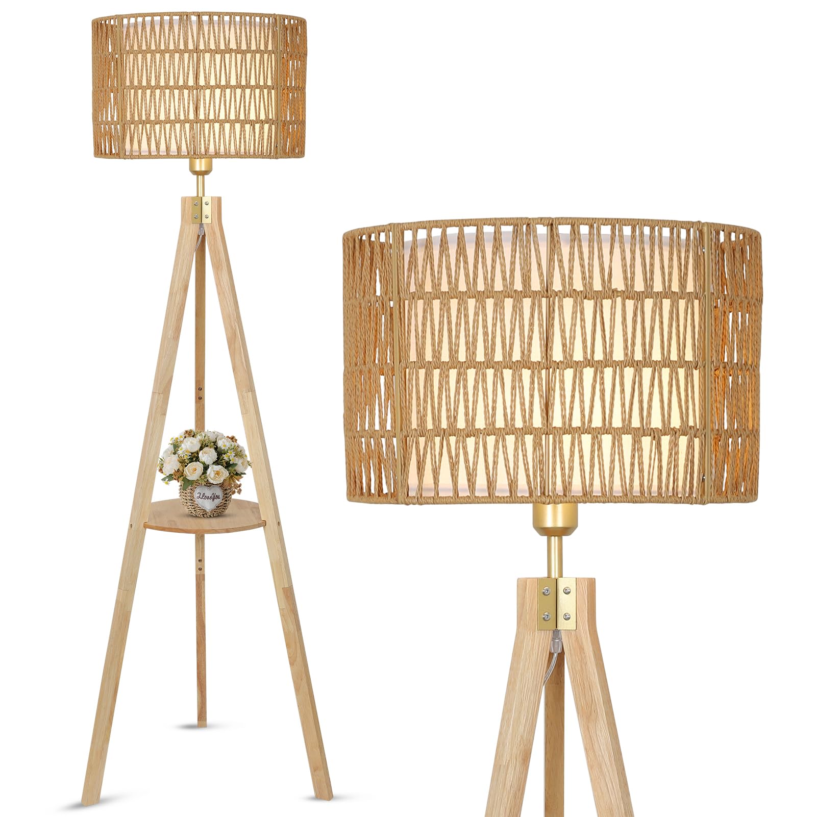 LAMSU Oak Wood Tripod Floor Lamp, Boho Style with Shelves, Fabric Shade, Model 230705D1, Log Color