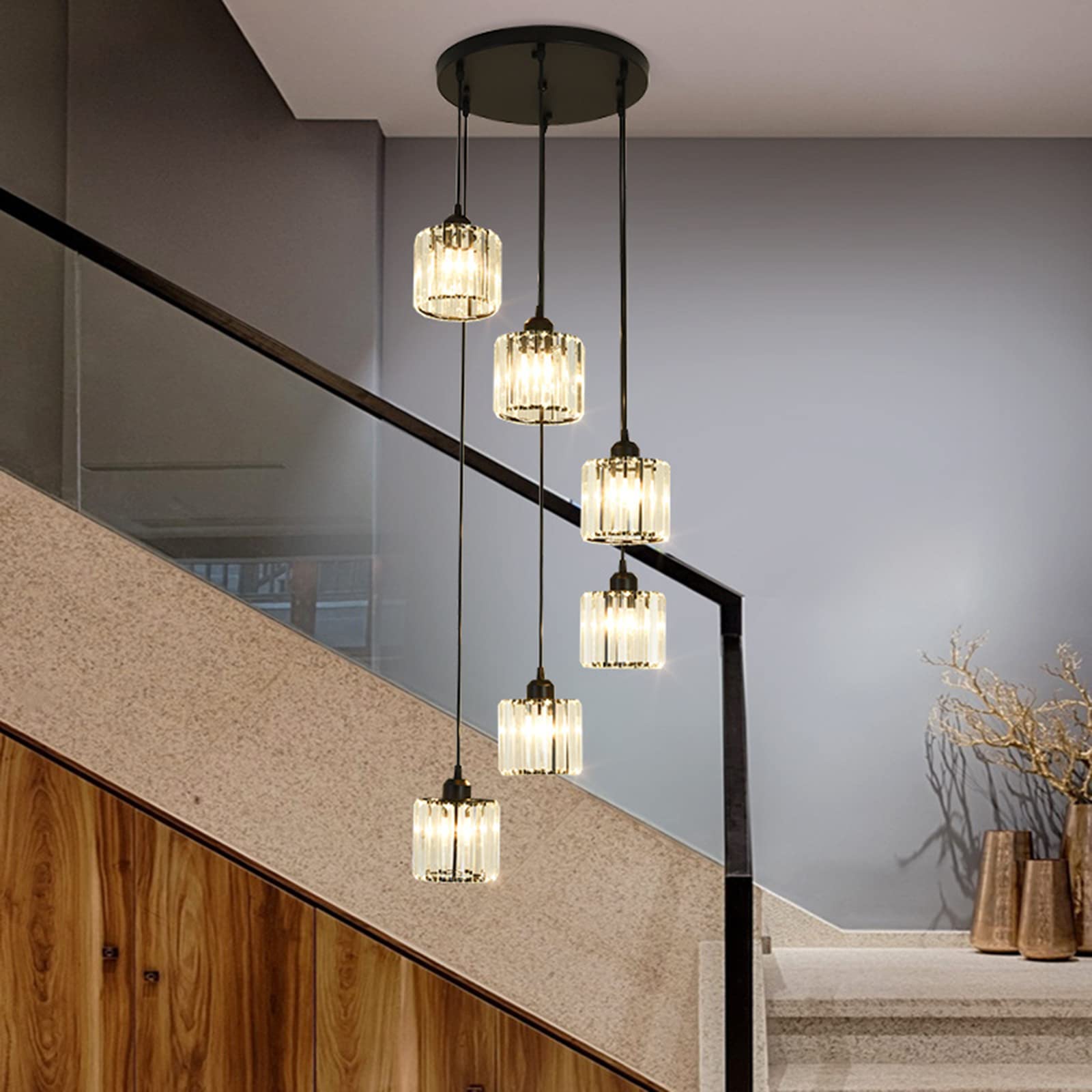 Meimond Modern Crystal Pendant Light - 6 Lights Metal Chandelier, Black, for High Ceilings, Foyer, Living Room, Model LTD-10