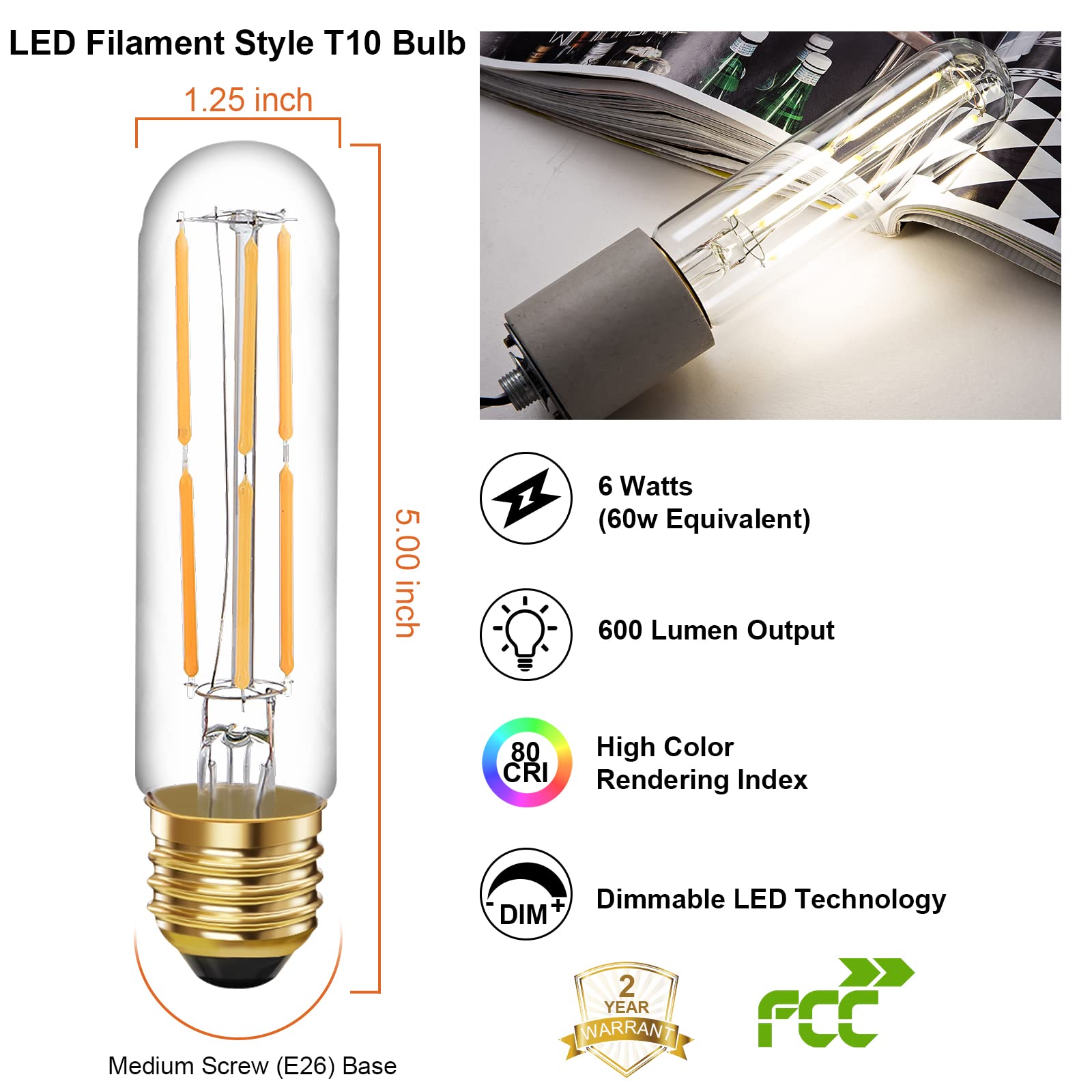 Tianshq 6 Pcs E26 T10 Led Tubular Light Bulbs, Daylight White Edison Bulb 4000K 6W Dimmable T10 Led Bulb For Pendant Lights, Lam
