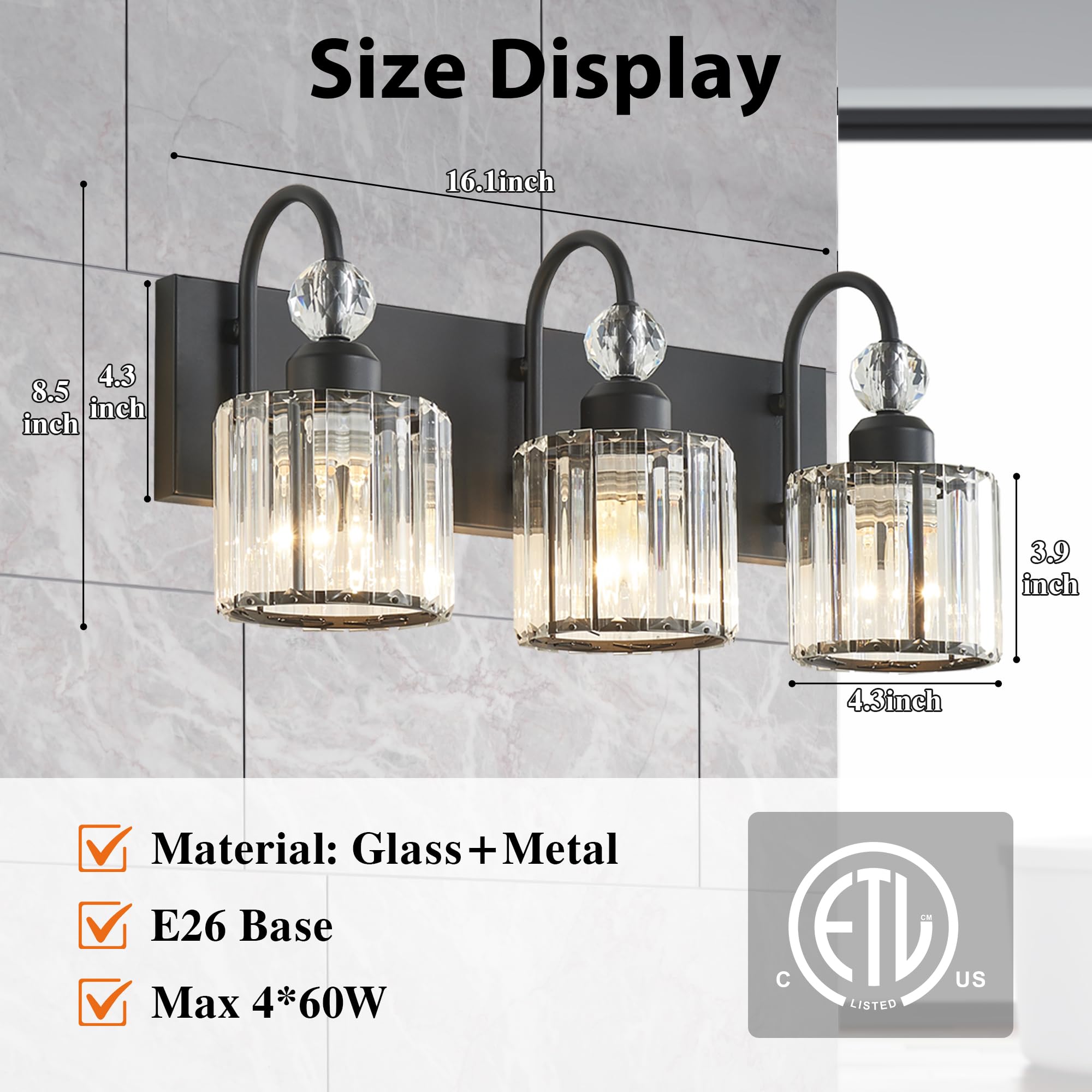 Diamondforge Bathroom Vanity Light Fixtures Over Mirror - Makeup Lighting Black - For Modern Wall  Bath  Desk  Farmhouse  Hallway (3 Crystal Lights)