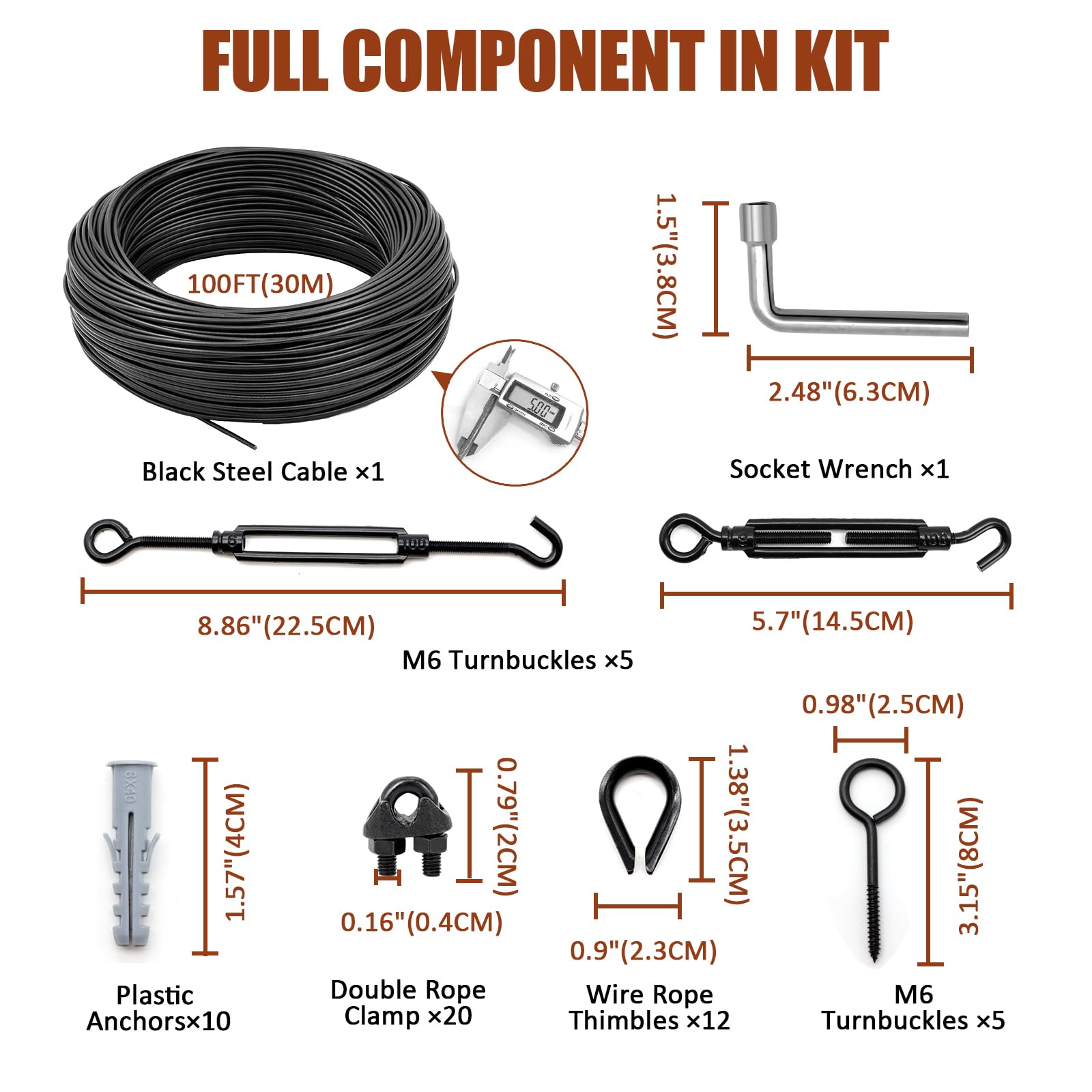 hannger String Light Hanging Kit, 100FT PVC Coated Steel Cable, Black, Model HWRS-30M5MMB-63
