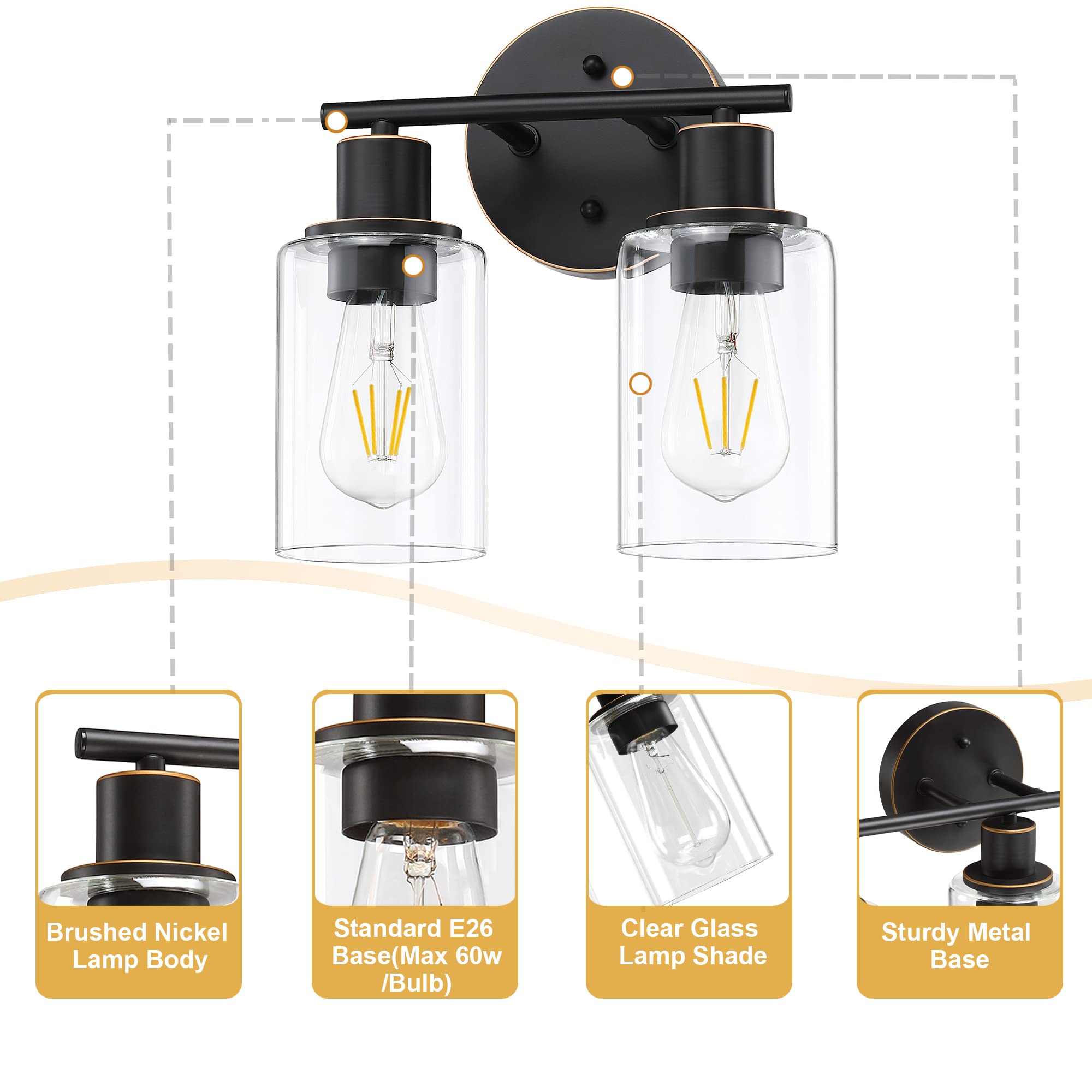 Pia Ricco Bathroom Vanity Light Fixtures, 3-Light Bathroom Wall Lights with Clear Glass Shades, Oil Rubbed Bronze Modern Vanity