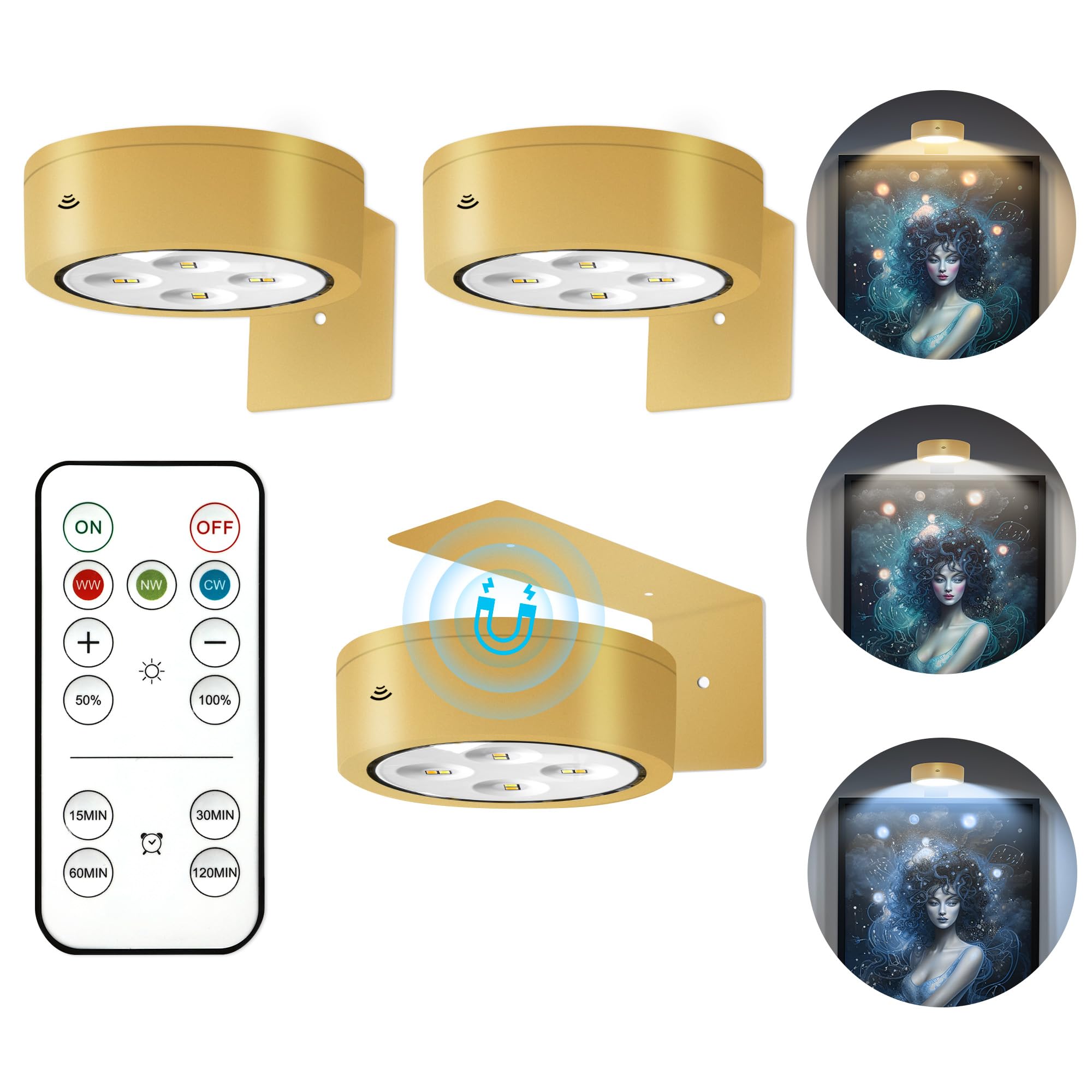 3Pcs Battery Operated Picture Light, Magnetic Led Painting Light with Remote Dimmable and Timer, 3 Lighting Modes Art Display Li