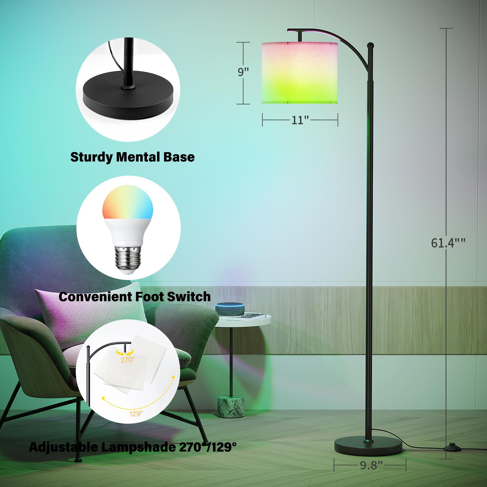 Sunmory Arc Floor Lamp, Smart App Remote Control Standing Floor Lamp With Rgb Bulb, Tall Lamp With Hanging Lampshade, Dimmable F