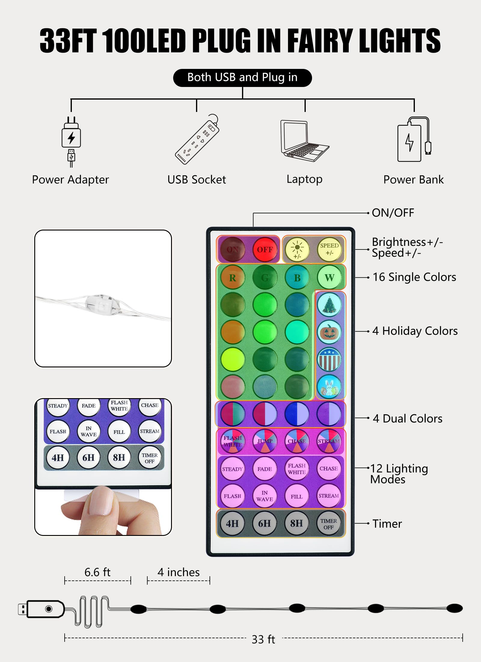 Minetom 33ft Color Changing Fairy String Lights - 100 LED USB Operated Silver Wire with Remote for Indoor Decor and Parties
