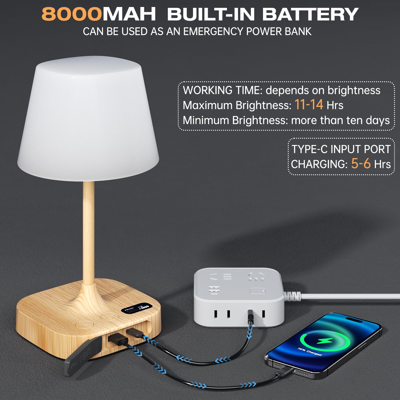 Lightbiz Outdoor Table Lamp - 8000mAh Rechargeable, IP55 Waterproof, Dimmable LED, Wood Color, Model G300-Black