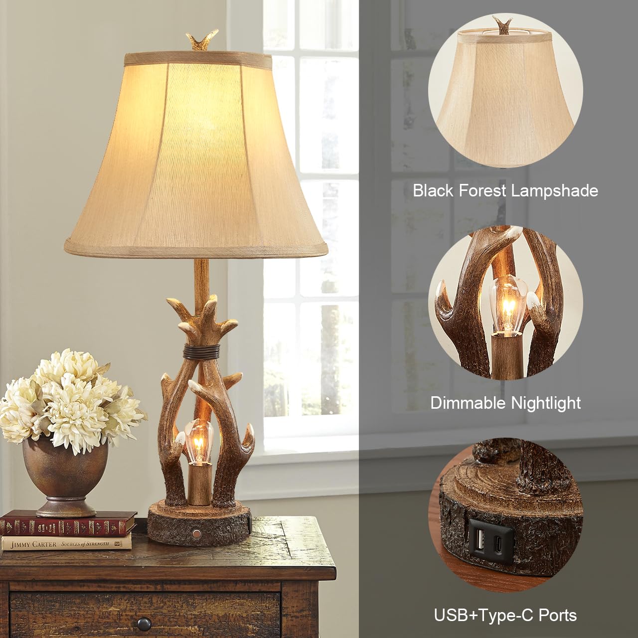 Dungoo Antler Rustic Table Lamp Set of 2 with USB & Type-C Port, Rustic Bedside Lamp with Touch Control 3-Way Dimmable Nightligh