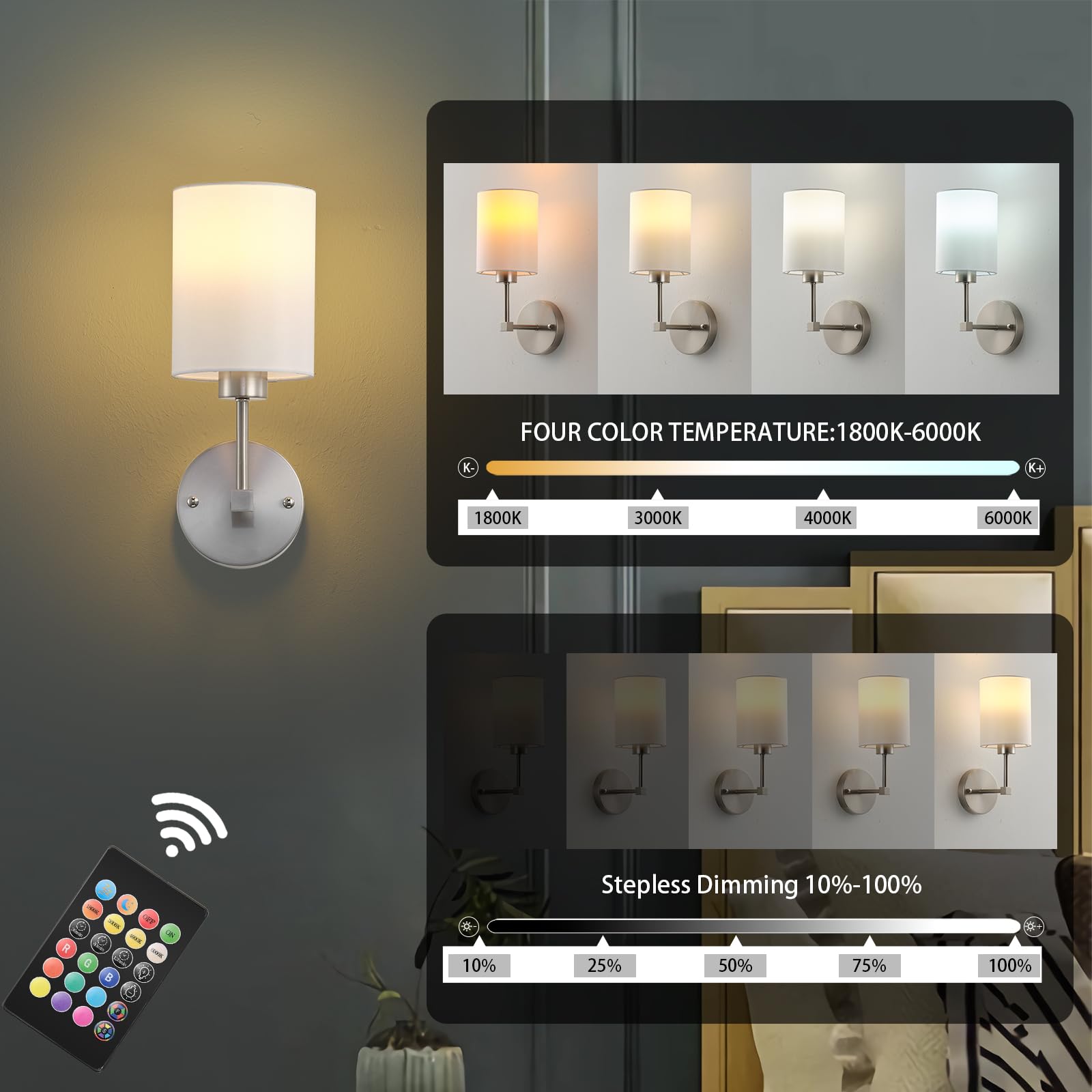 KARTOOSH Battery Operated Wall Sconce Set of Two, Wireless Rechargeable, Dimmable, 13.5 Inch, Nickel, Model ZM213BNC35-N1