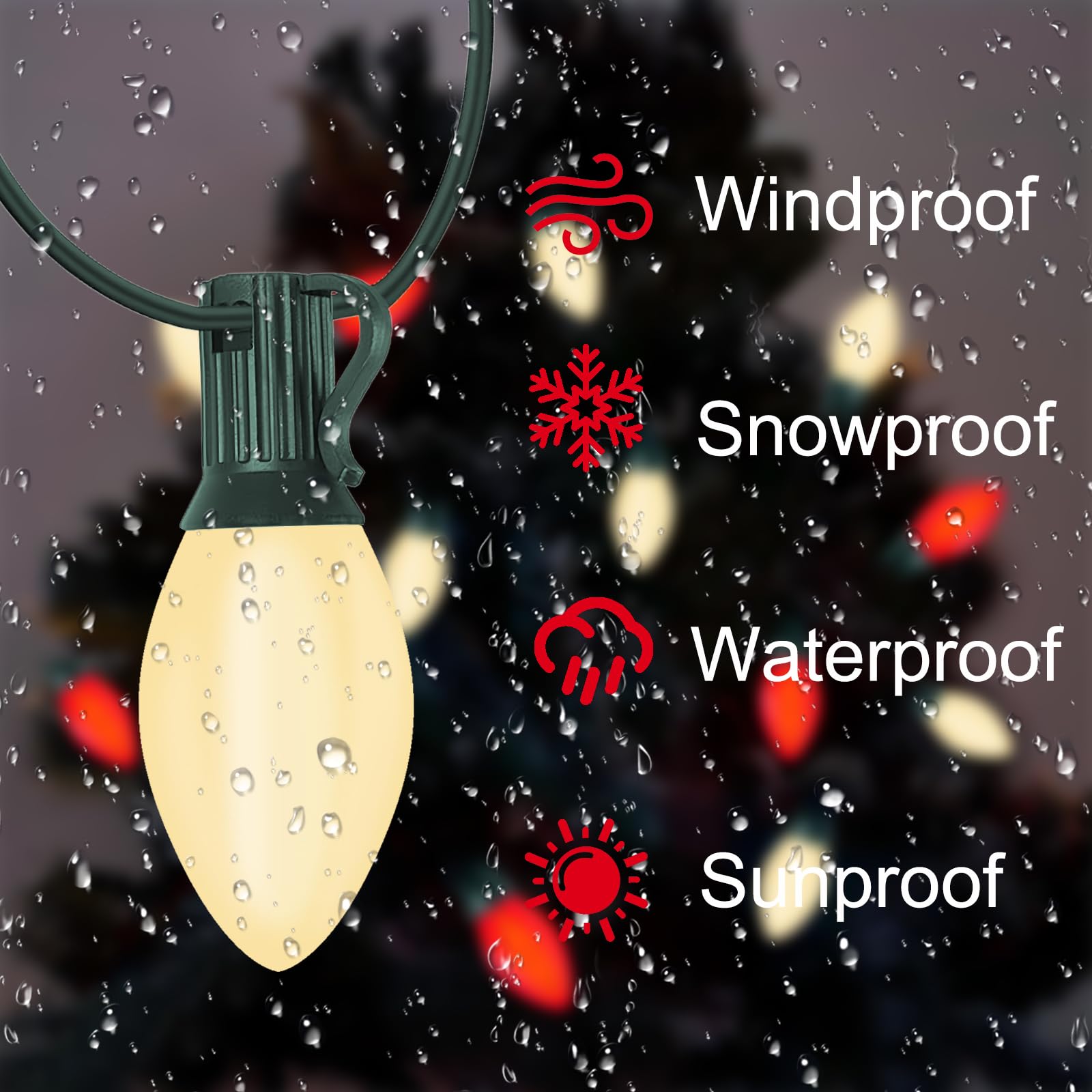 C7 Led Red And White Christmas Lights, 25Ft Outdoor Christmas String Lights With 27 Led Red And White Plastic Bulbs, Vintage Chr