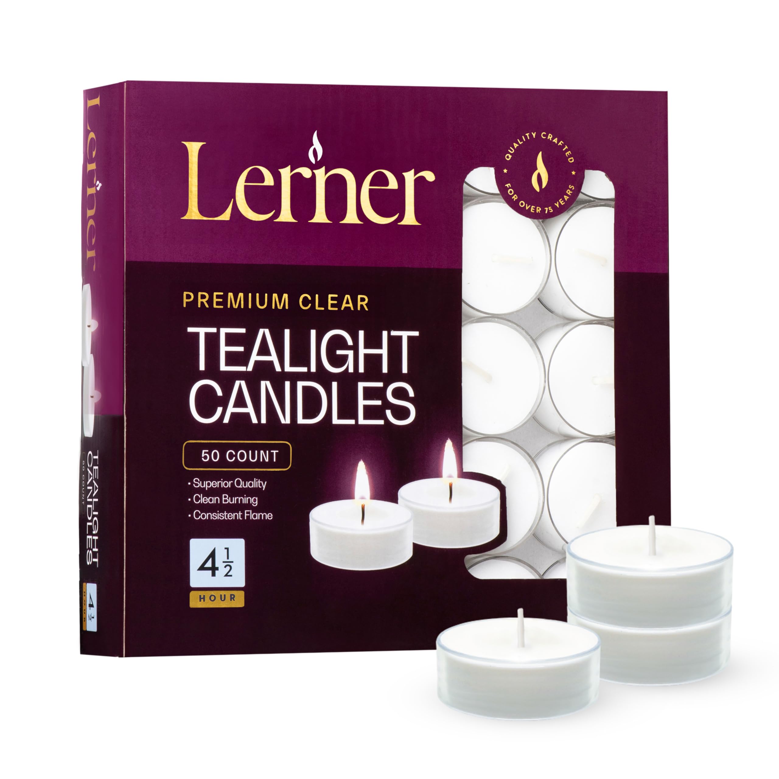 Lerner Clear Tea Lights Candles Bulk - 4.5 Hour Clear Cup Tealight 50 Pack - Consistent Smkless Clean Burning - Holiday  Wedding  Spa  Emergency and Home Decoration Candles