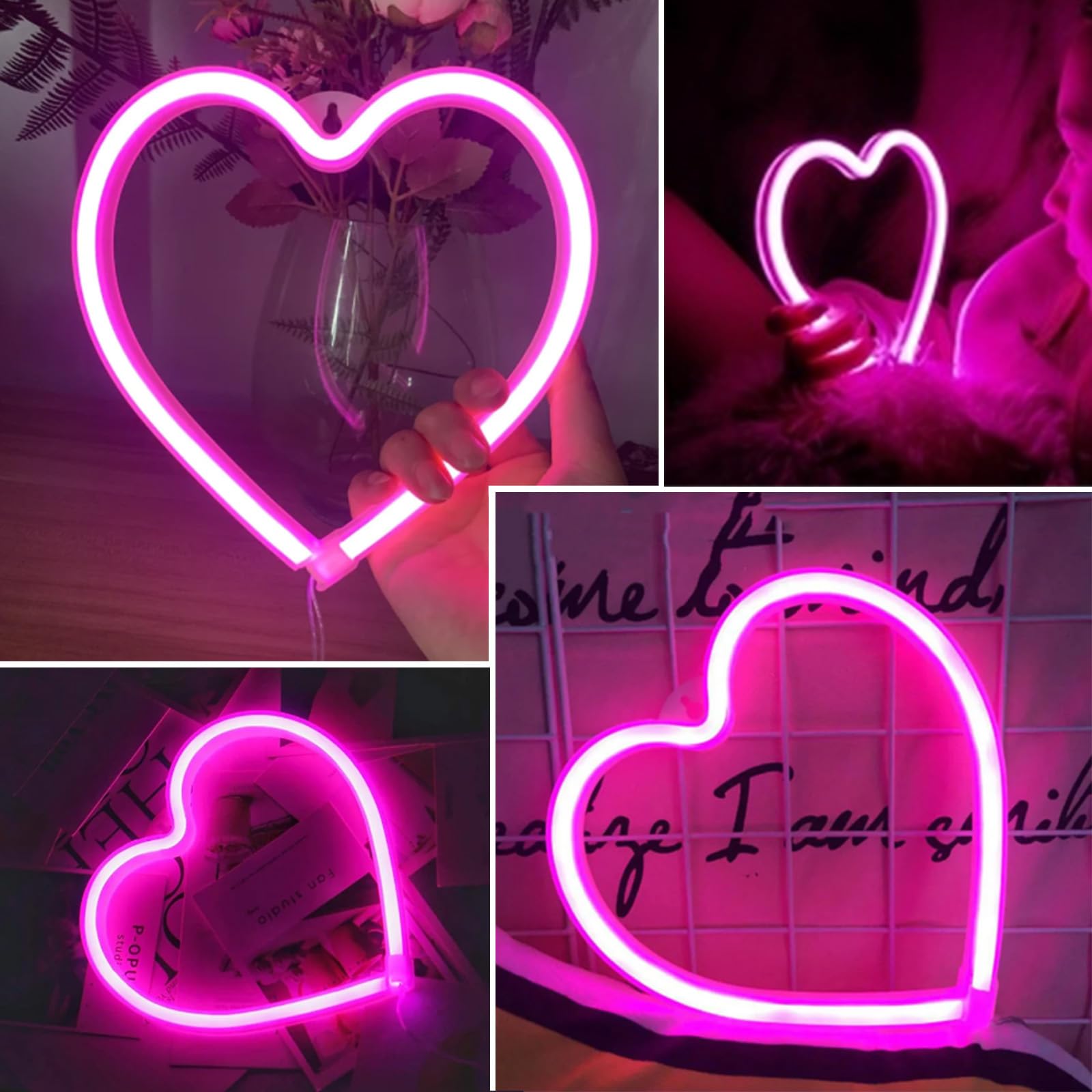 EXF 2-Pack Neon Heart Sign - Pink LED Wall Decoration Light, Battery Operated or USB Powered, Ideal for Home, Party, Wedding Decor