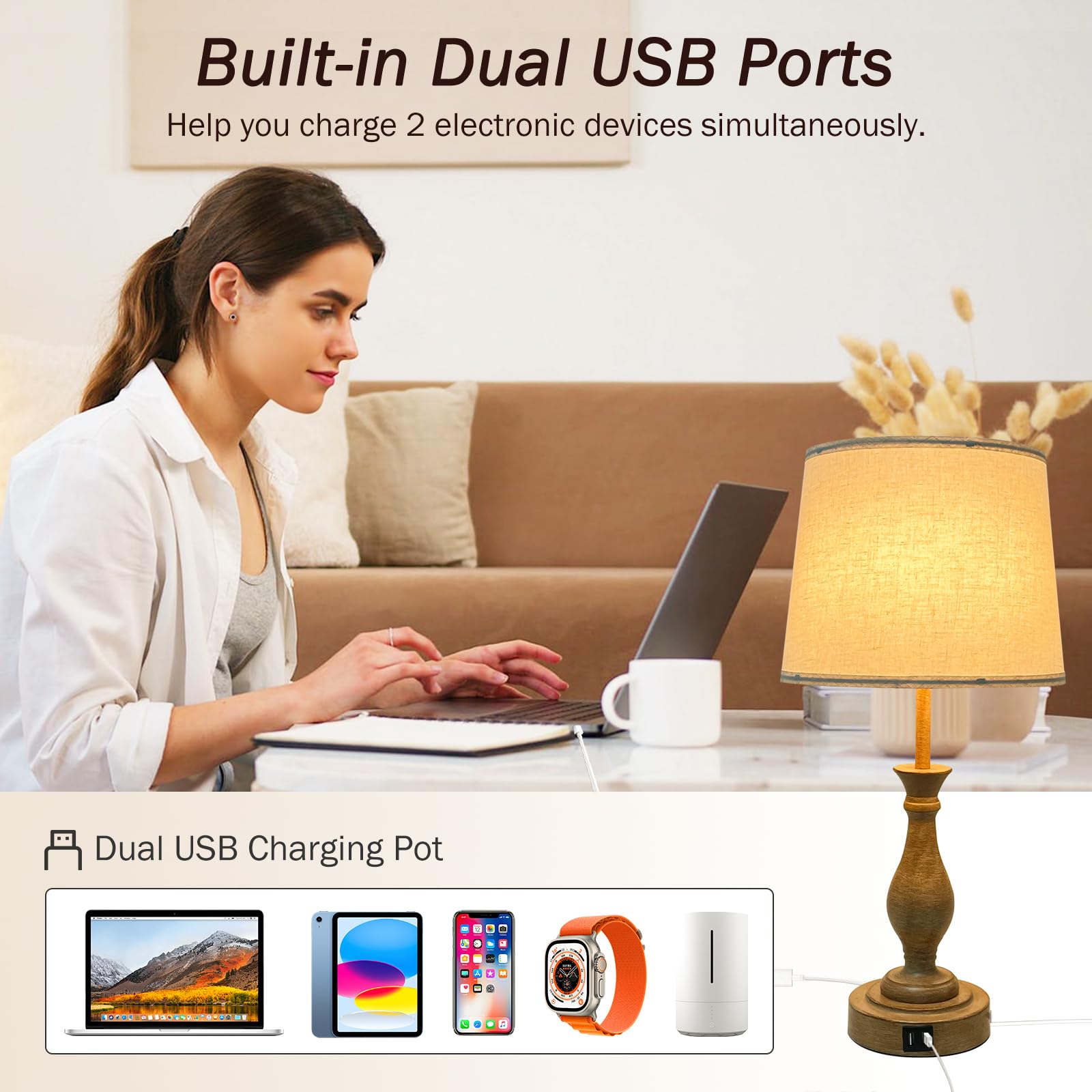 Farmhouse Table Lamp Touch Control 3-Way Dimmable Table Lamp, Modern Nightstand Lamp With 2 Usb Port Bedside Desk Lamp With Fabr