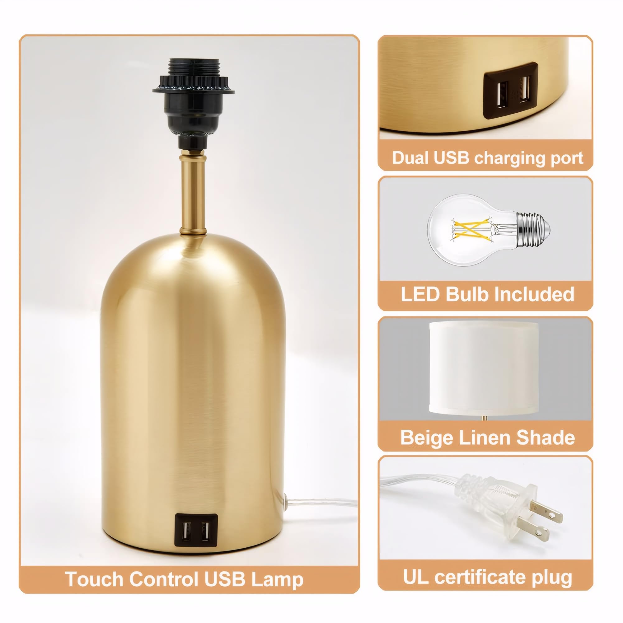 Gyrovu Touch Control Bedside Lamp, 3 Way Dimmable, Usb Port, Gold Fabric Shade, Led Bulb Included