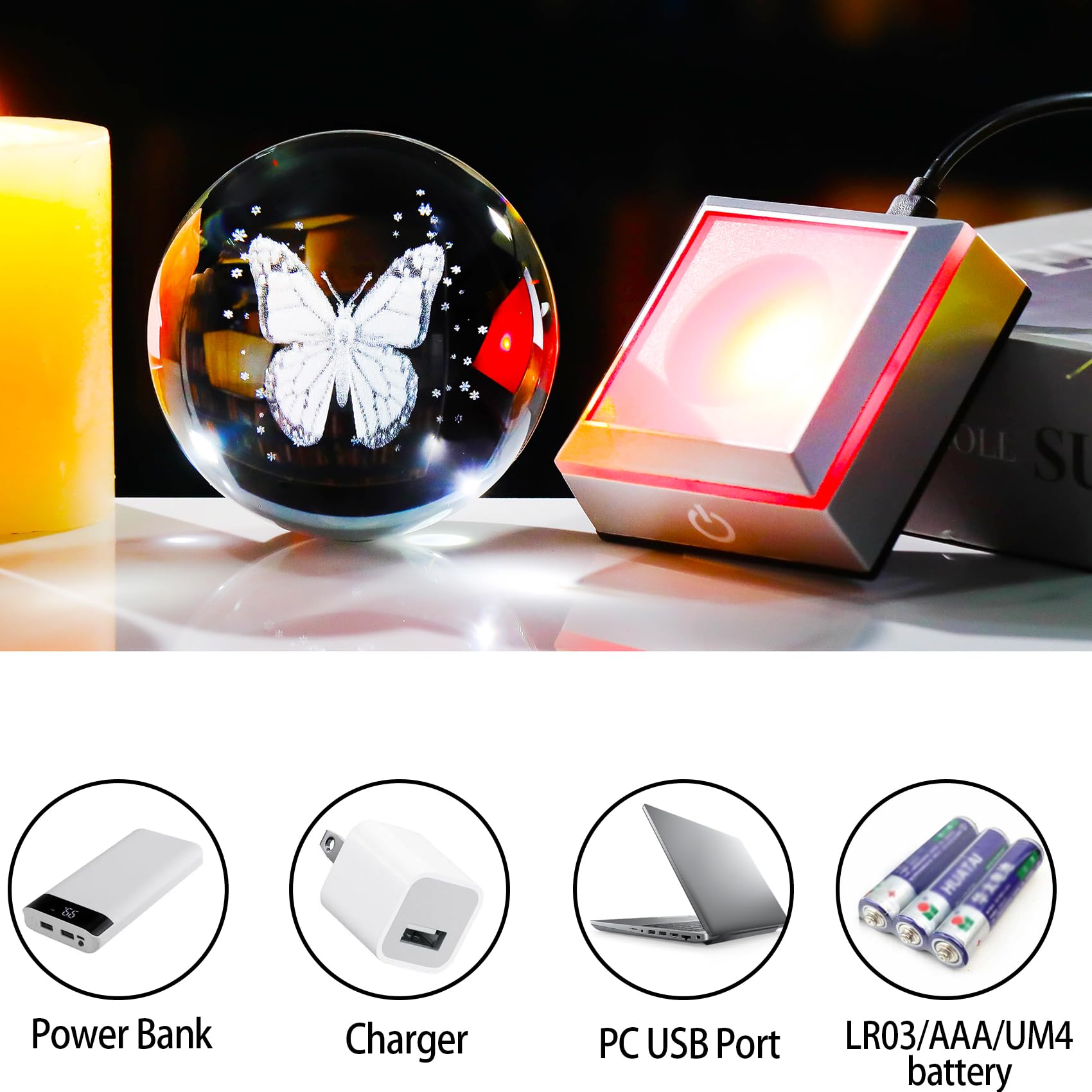 Ornalrist 3.15In. 3D Crystal Ball Engraved Butterfly Gifts For Women Girlfriend Night Light With Led Base, Glass Butterfly Ball Valentine'S Day Gifts For Butterfly Lover Figurine Home Decor