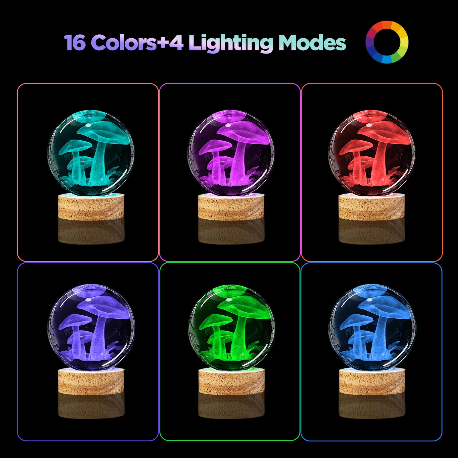 3D Mushroom Crystal Ball Night Light With Remote Upgraded 3.15 In Mushroom Glass Ball Table Lamps With 16 Color Led Wooden Base