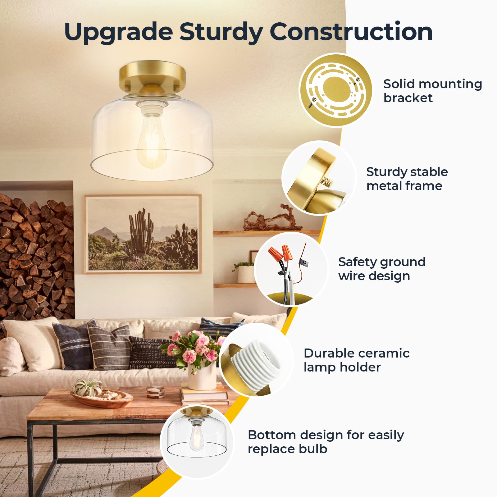 Laccen Semi Flush Mount Ceiling Light Brushed Gold - Clear Glass Pendant Lamp Shade, Modern Farmhouse Light Fixture For Hallway Corridor Kitchen Entryway Bedroom, Bulb Not Included
