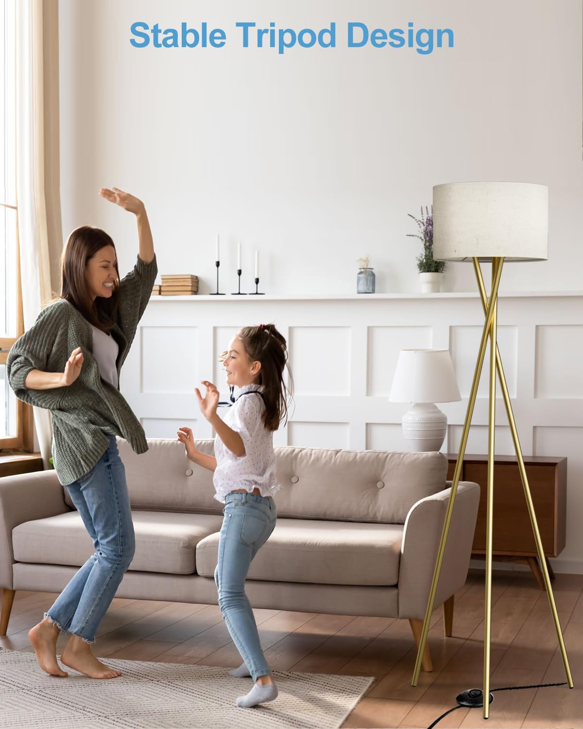 Lightdot Gold Tripod Floor Lamp, Modern Standing Lamp with Linen Shade, E26 Bulb Included, 66in Tall, Model YRFLL-E26XX-66