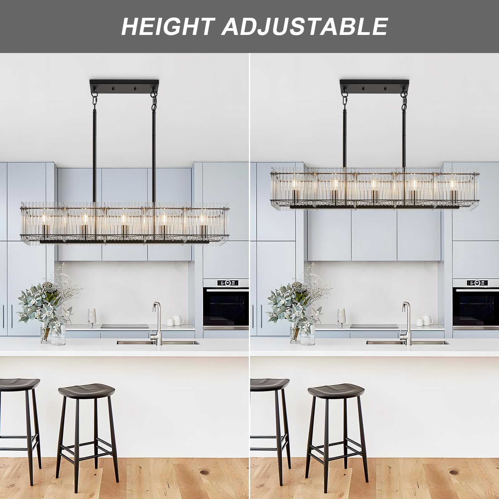 Lanhall 5-Light Modern Crystal Chandelier Luxury Black Dining Room Light Fixture Over Table Rectangle Farmhouse Hanging Pendant