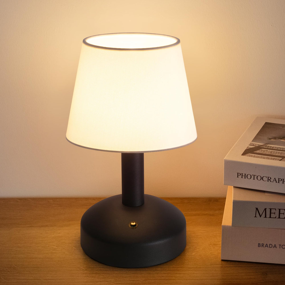 KDG Modern Cordless Small Table Lamp, Portable LED Fabric Shade Desk Lamps, 5000mAh Rechargeable Battery Operated Lighting for Bedroom, Bedside, Bar, Living Room, Dining Room, Night Light(Black)