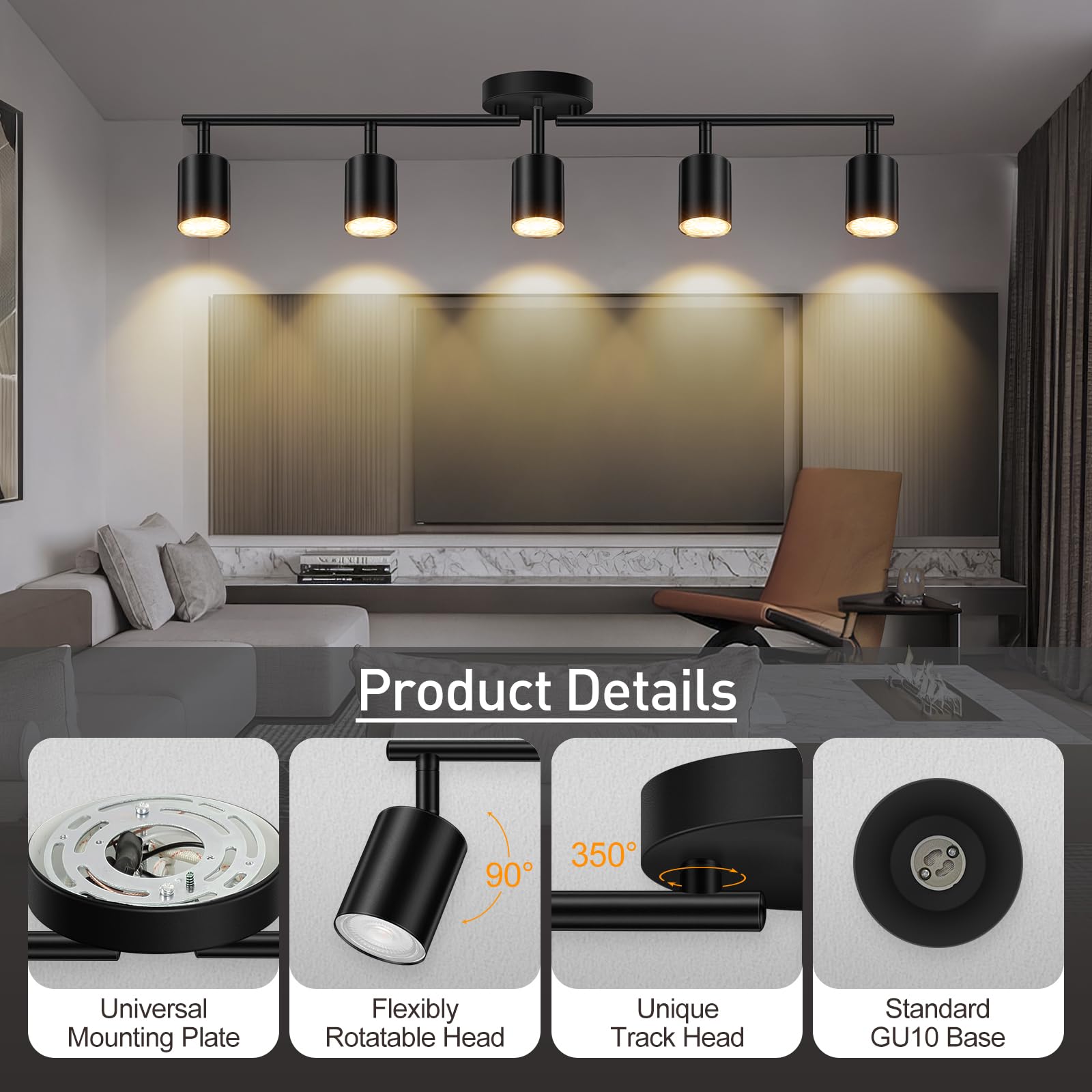 Black Track Lighting Kit Kitchen, 5 Light Track Lighting Fixtures Ceiling, 5 Way Modern Flexible Spot Track Lighting, Industrial