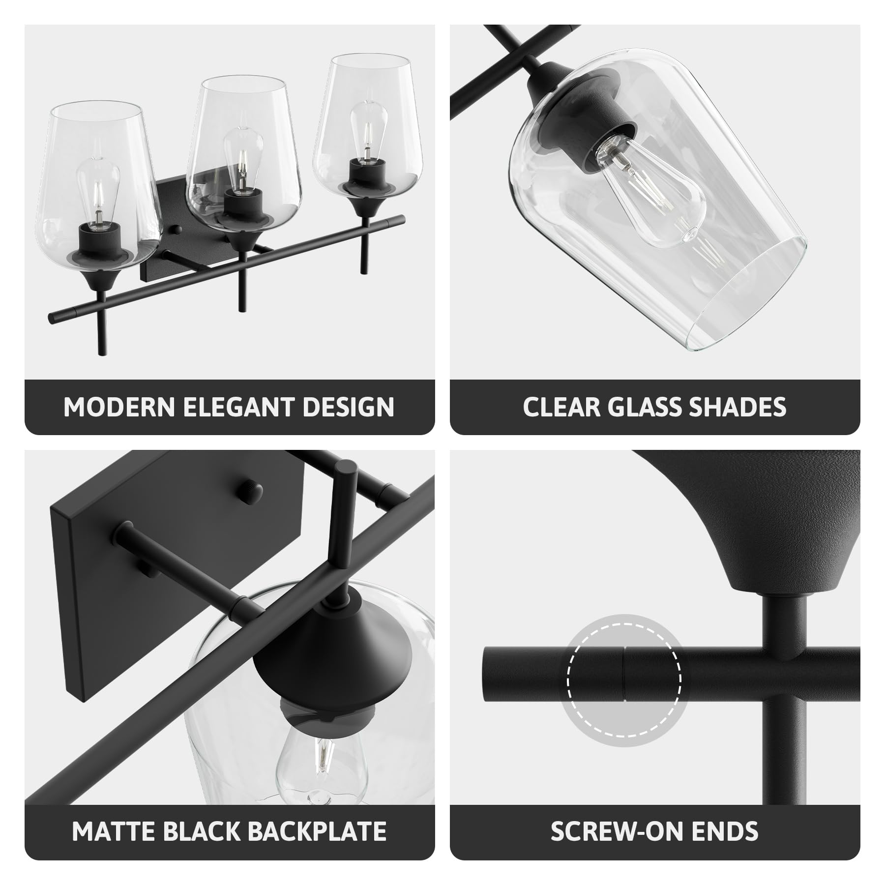 VONLUCE Bathroom Vanity Light Fixture, 3-Light Modern Wall Sconce, Clear Glass, Matte Black, Model HCF2802280300COZ