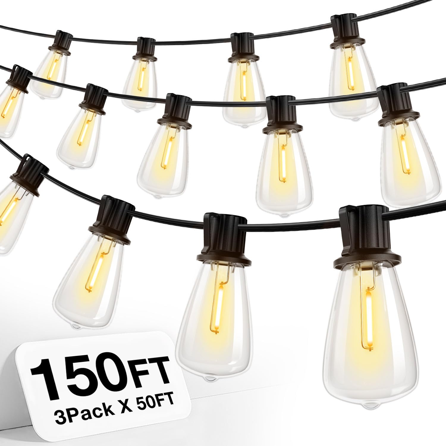 addlon Outdoor String Lights, Waterproof 150FT, 45+3 Dimmable ST38 LED Bulbs, Black, ETL Listed, Model A09JW030301004