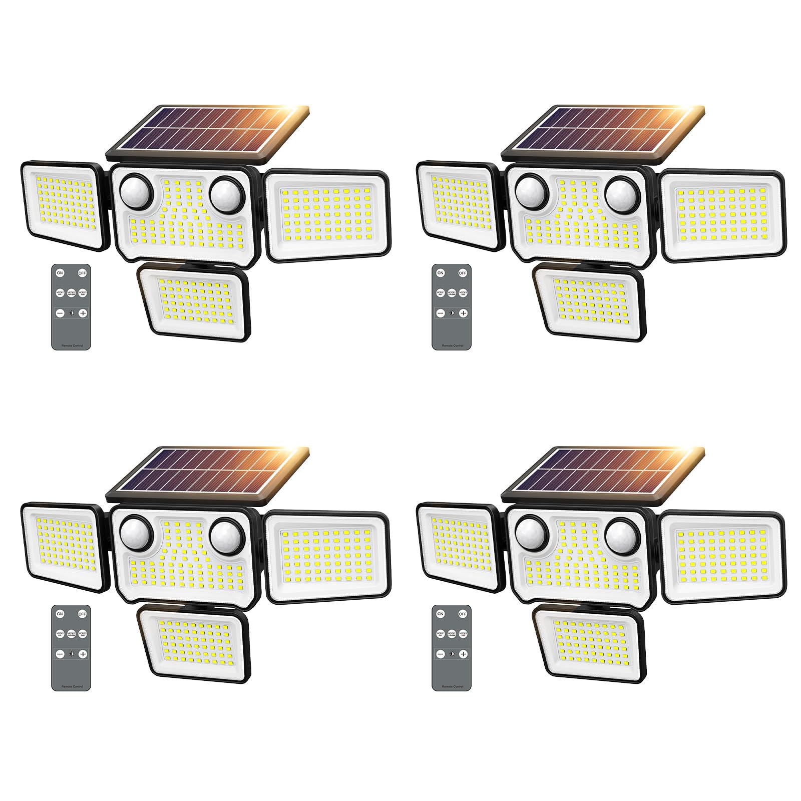SZPOWER 4500LM Solar Flood Lights, 254 LED, 4 Heads, Motion Sensor, Remote Control, Waterproof, Black, Model SZC05AS4-TY, 4 Pack