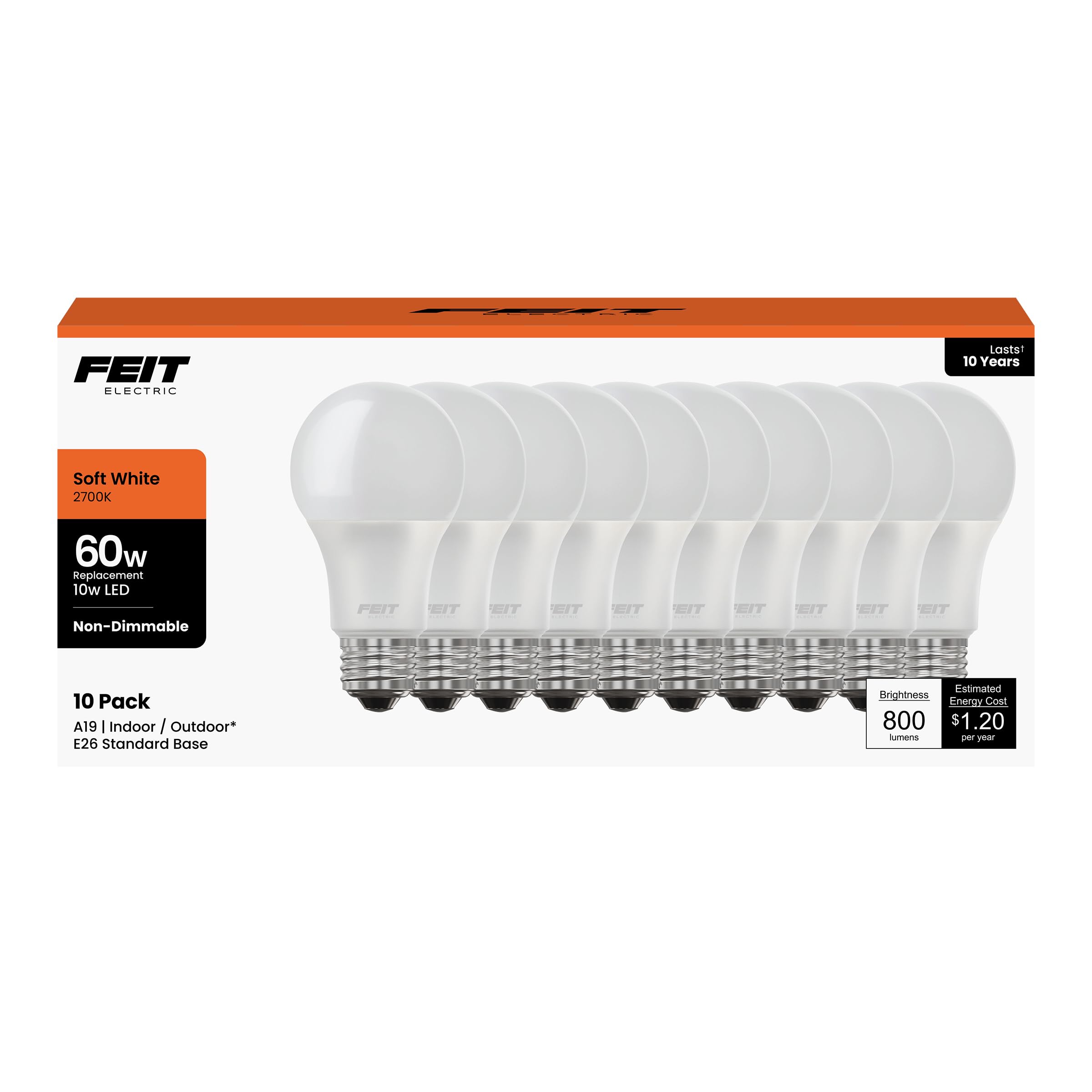 Feit Electric A19 Led Light Bulbs, 60W Equivalent, Non Dimmable, 800 Lumens, E26 Standard Base, 3000K Warm White, 80 Cri, 10 Yea
