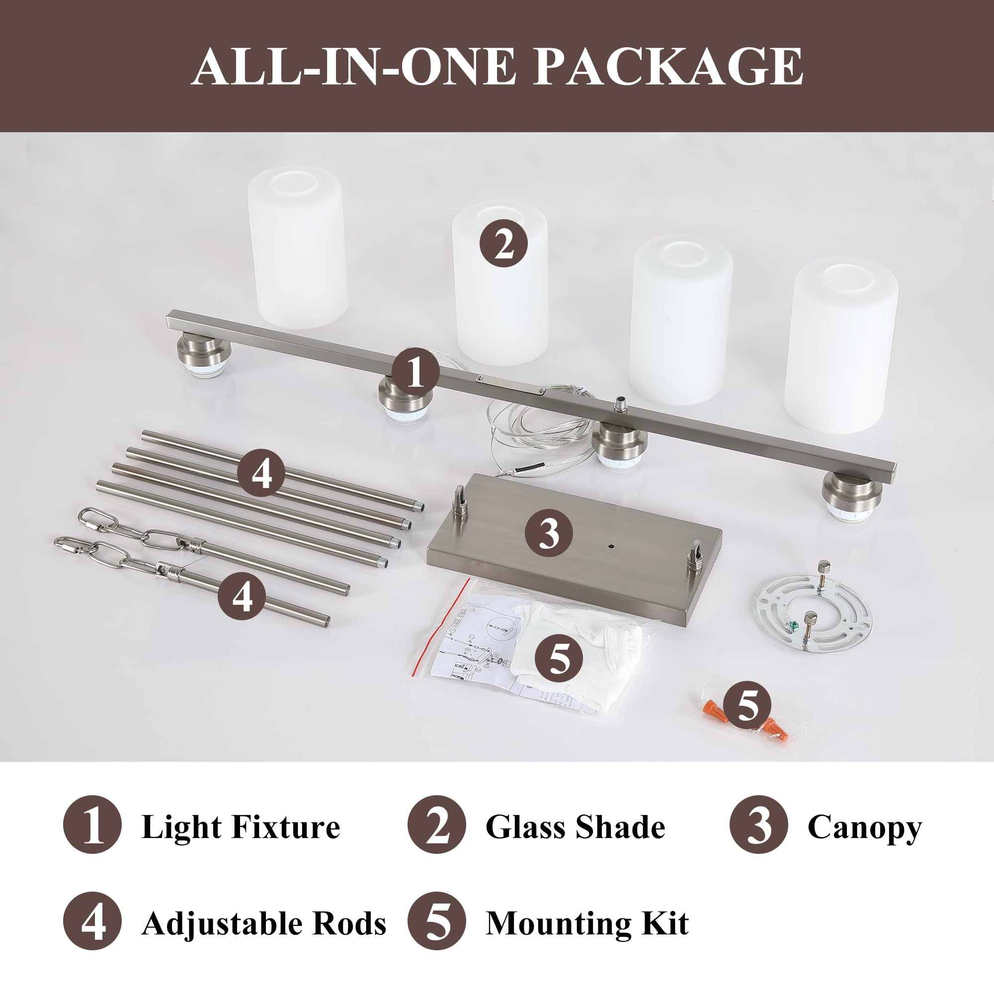 Mecgirn 4-Light Brushed Nickel Chandelier with Milk Glass Shade - Linear Pendant Lighting for Kitchen Island & Dining Room