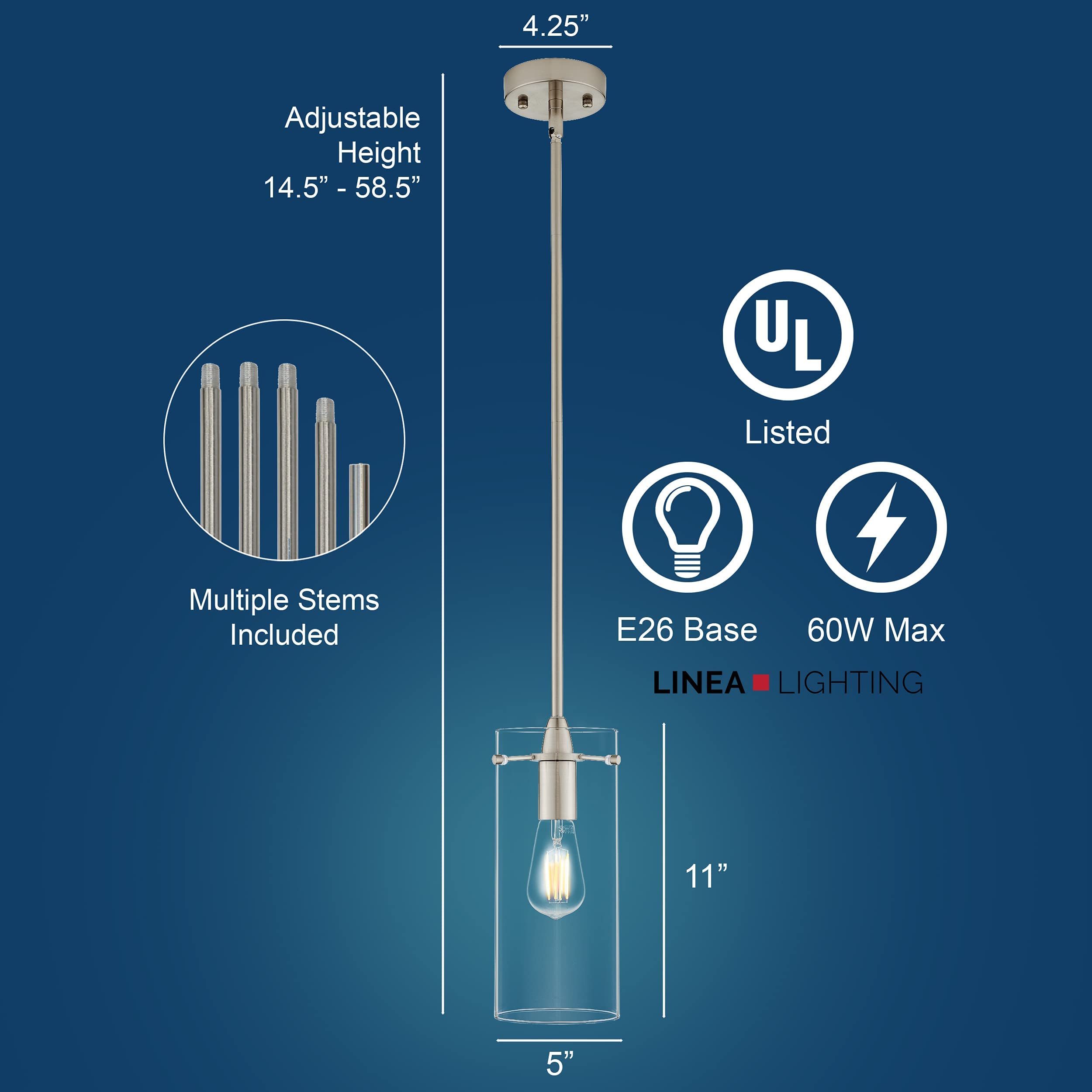 Linea di Liara Modern Brushed Nickel Pendant Light, Large Clear Glass Shade, Industrial Design, Model LL-P315-BN