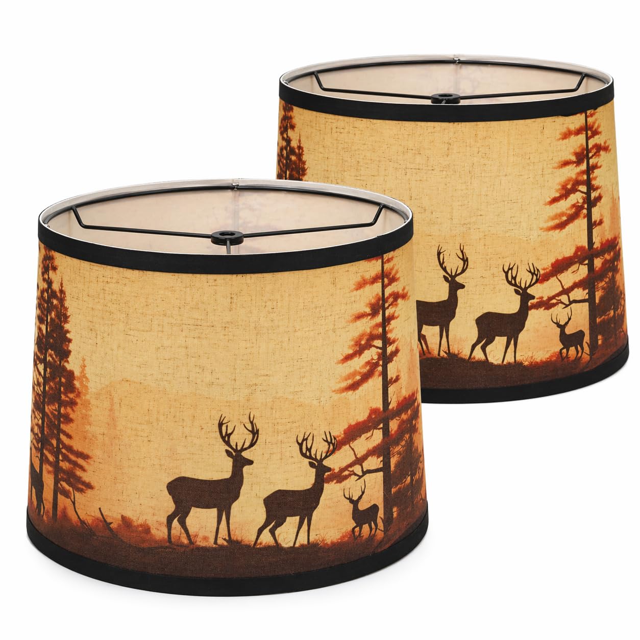 Rustic Deer Printed Large Drum Lamp Shades Set of 2. Easy Assembly.11.4x13x10 Barrel Brown Lamp Shade For Cabin Lodge Decoration