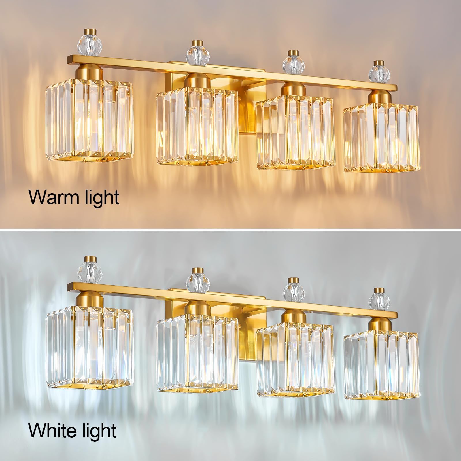 FDPBY 4-Light Modern Crystal Vanity Lights Gold Metal Bathroom Fixture Model 290