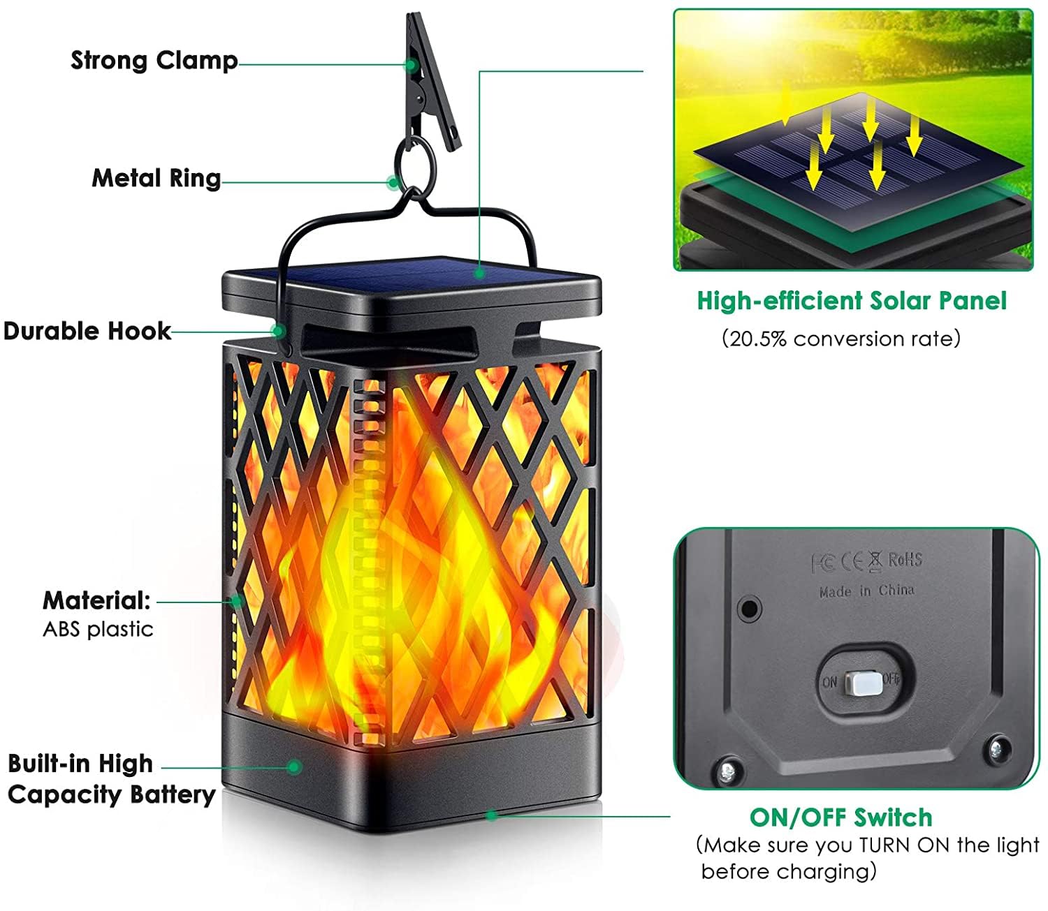 Tomcare Solar Lights Outdoor Flickering Flame Solar Lantern Outdoor Hanging Lanterns Decorative Outdoor Lighting Solar Powered W