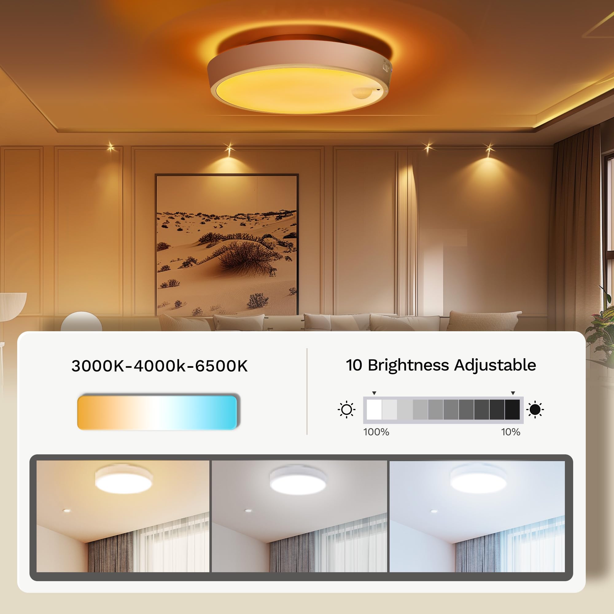 Molrebe Motion Sensor Ceiling Light, Rechargeable Battery Operated Ceiling Light With 15 Color Temperatures, Motion Activated Closet Light With Magnetic Base For Shower Bathroom Closet Porch Hallway