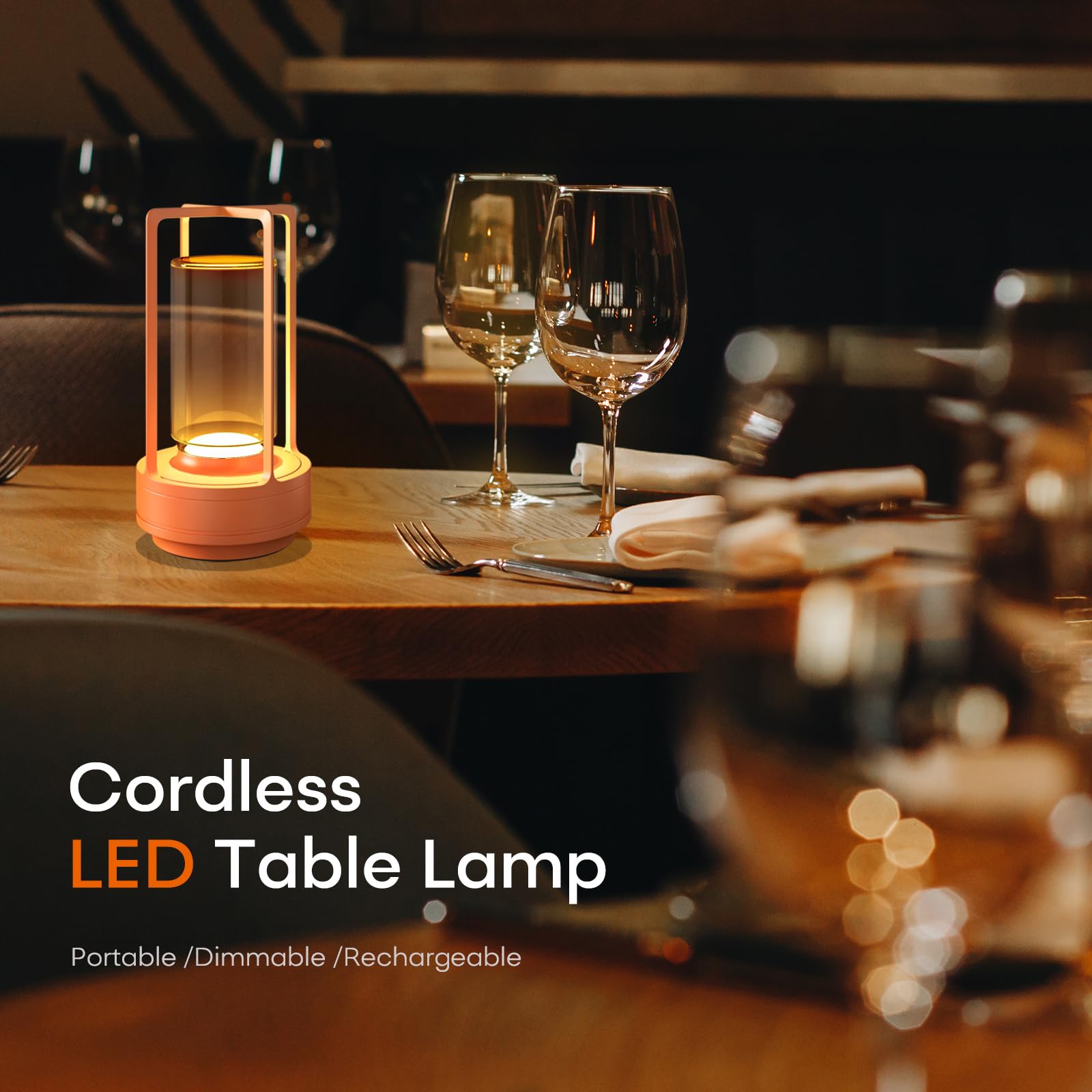 HAPYGI Portable Metal Table Lamp, Rechargeable LED, 3-Colour Dimming, 3.54 x 3.54 x 7.08 inches, Orange, Model A-L