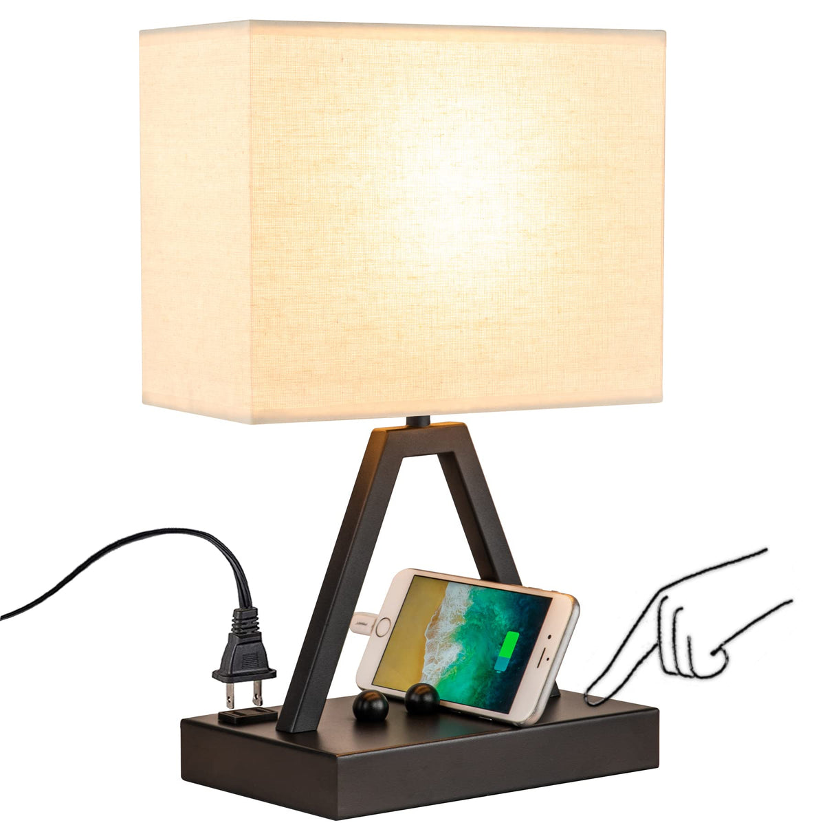 Briever Usb C Touch Control Table Lamp, 3-Way Dimmable Desk Lamp With Usb C & Usb A And Ac Outlet, Bedside Lamps With Phone Stands For Bedroom, Living Room, Office, Led Bulb Included, Black