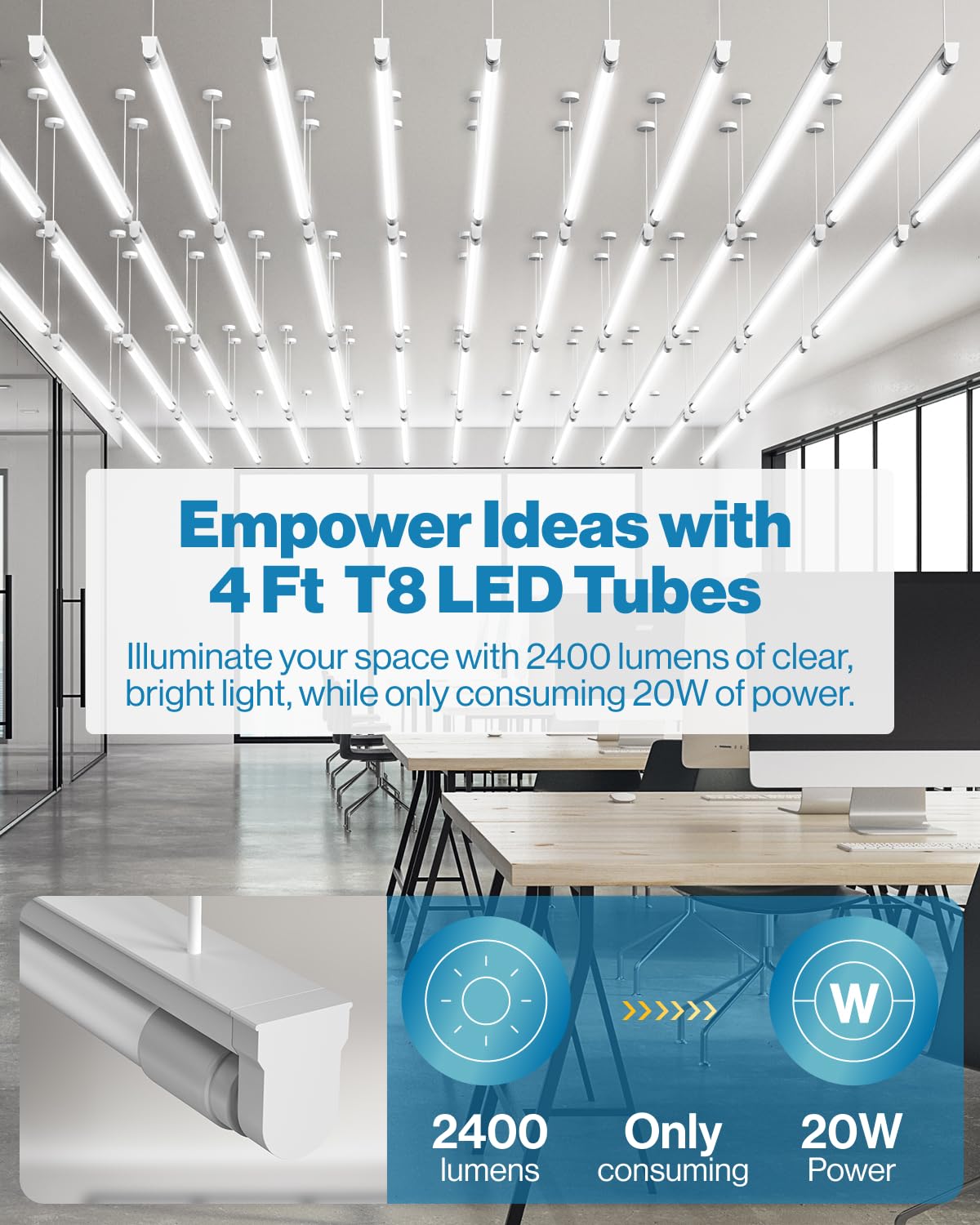 Sunco T8 LED Bulbs 4 Foot 2400 LM 20W 5000K Daylight Frosted Lens 10 Pack Model T8_HY_F