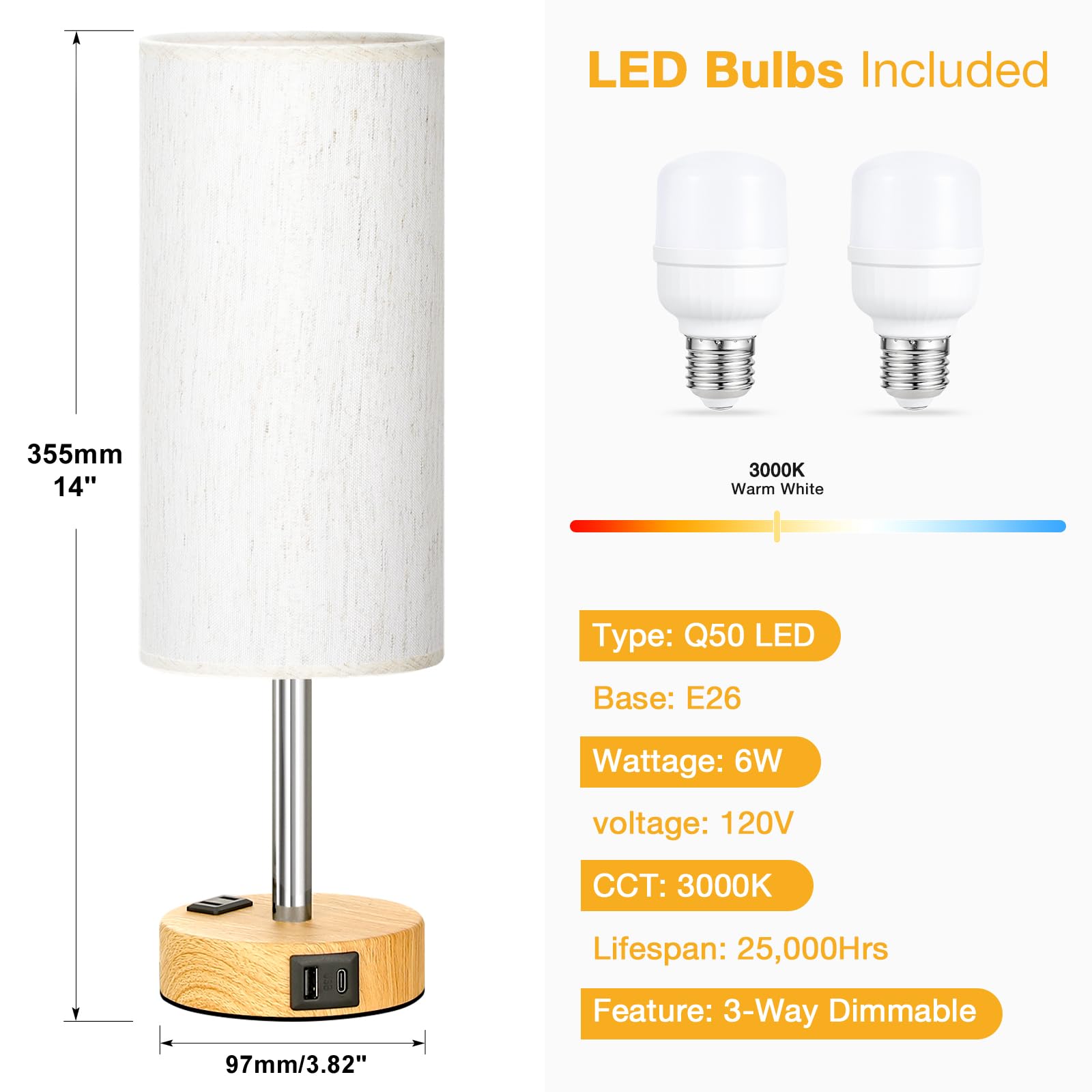 Partageiz Touch Bedside Table Lamps Set Of 2 - 3 Way Dimmable With Usb Ports & Ac Outlet