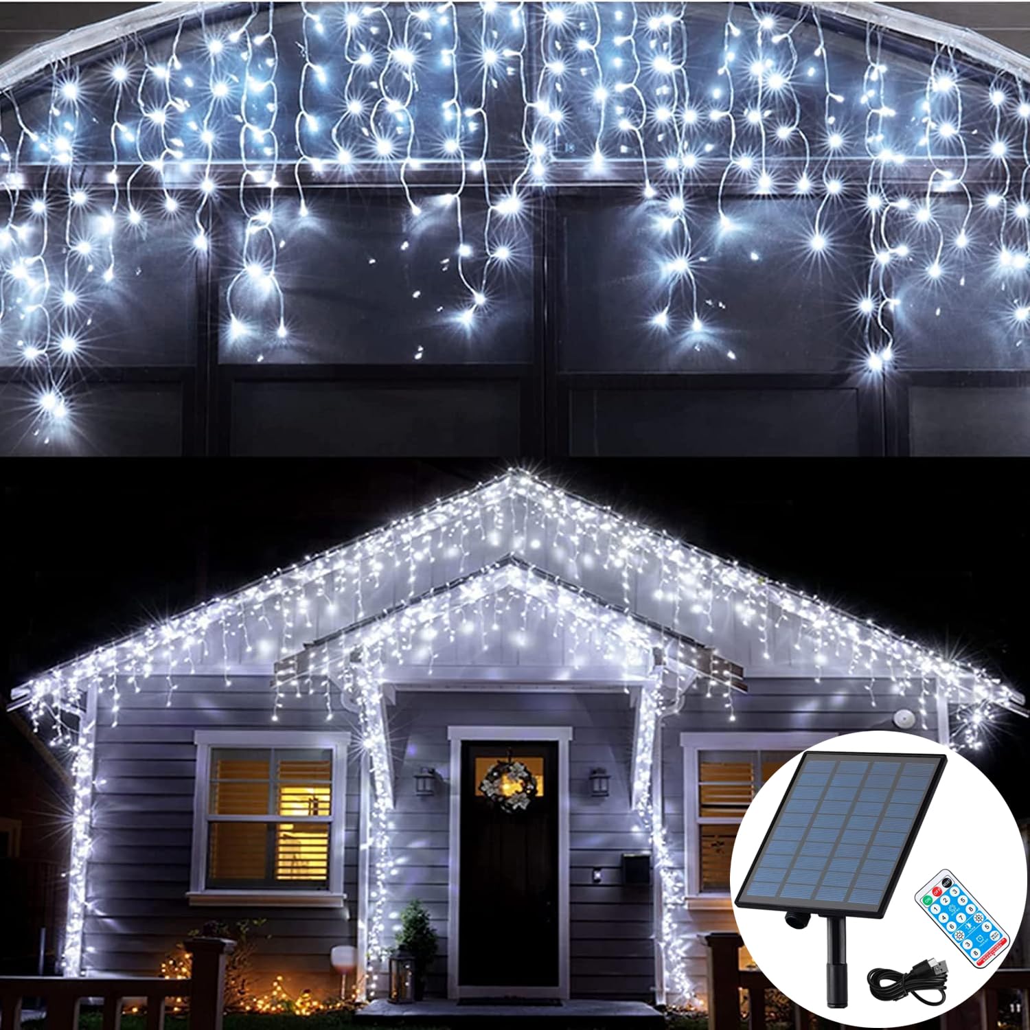 KiflyTooin Solar Christmas Lights Outdoor Waterproof Christmas Decorations Curtain Lights 320LED 29.5ft 60 Drops, Solar Powered 