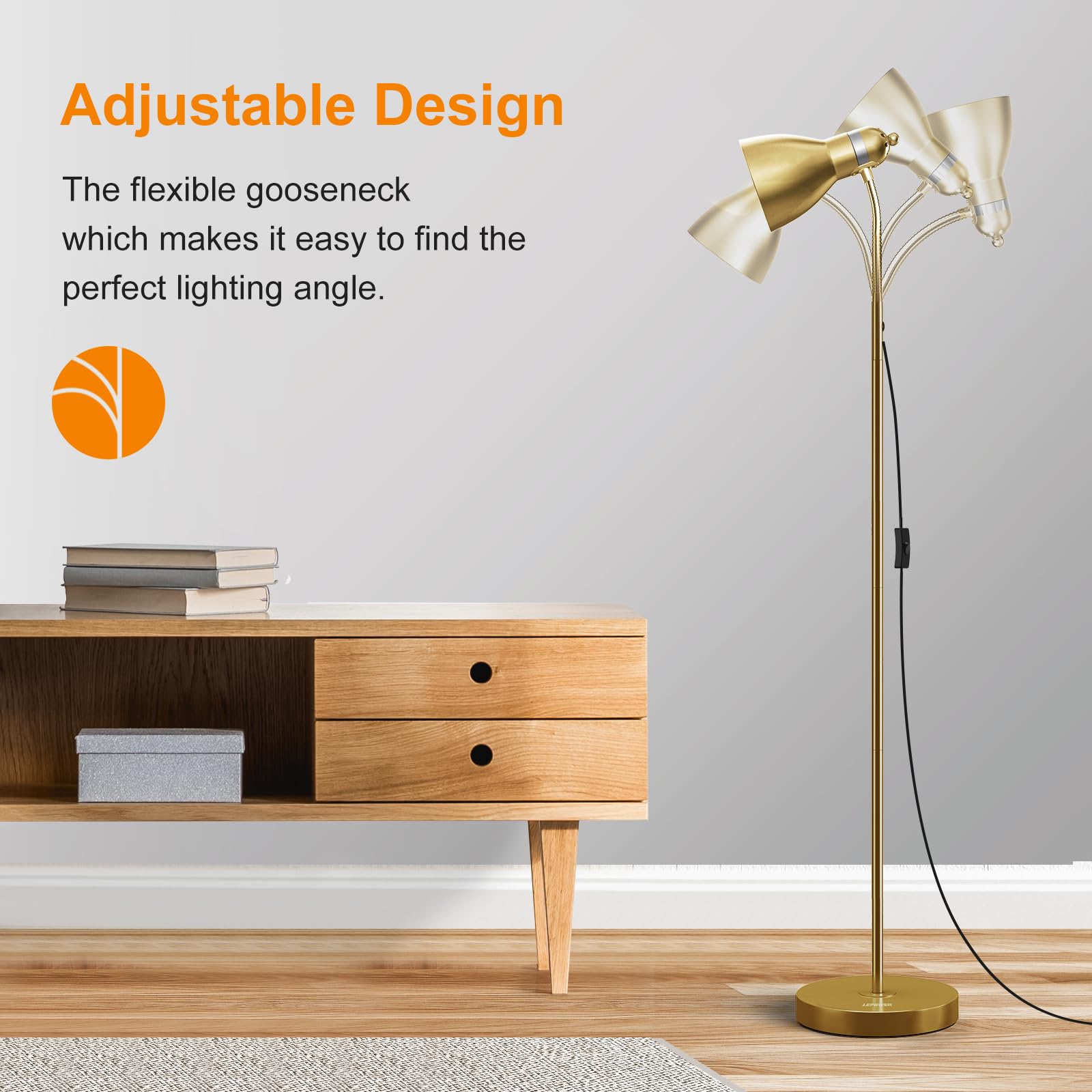 Lepower Floor Lamp, Metal Standing Lamp With Adjustable Gooseneck, Heavy Metal Base, Reading Pole Lamp For Office, Golden Floor