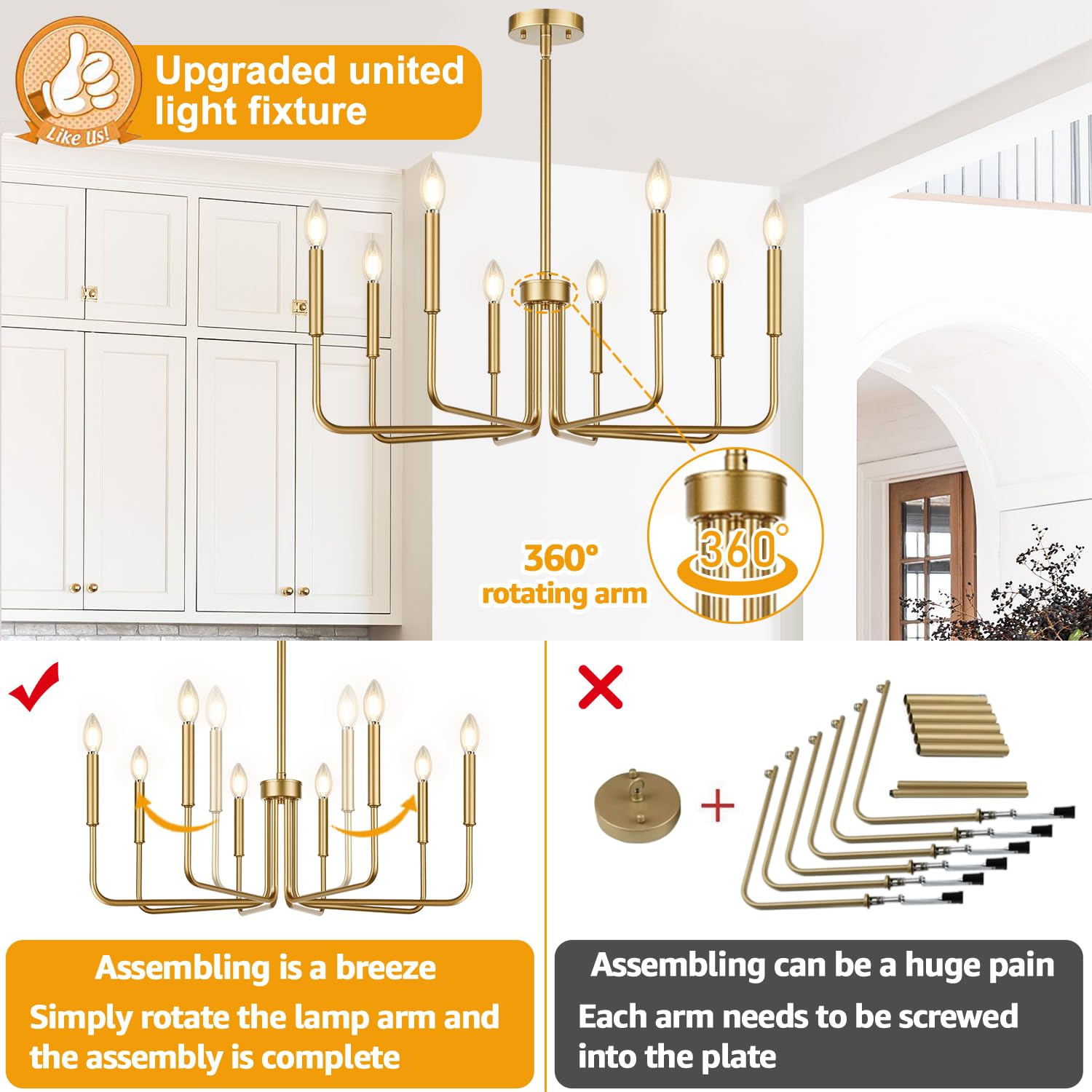 Lynnoland 8-Light Brass Industrial Chandelier - Metal Dining Room Lighting Fixture for Bedroom, Foyer, Kitchen, Living Room, Model L220028P8