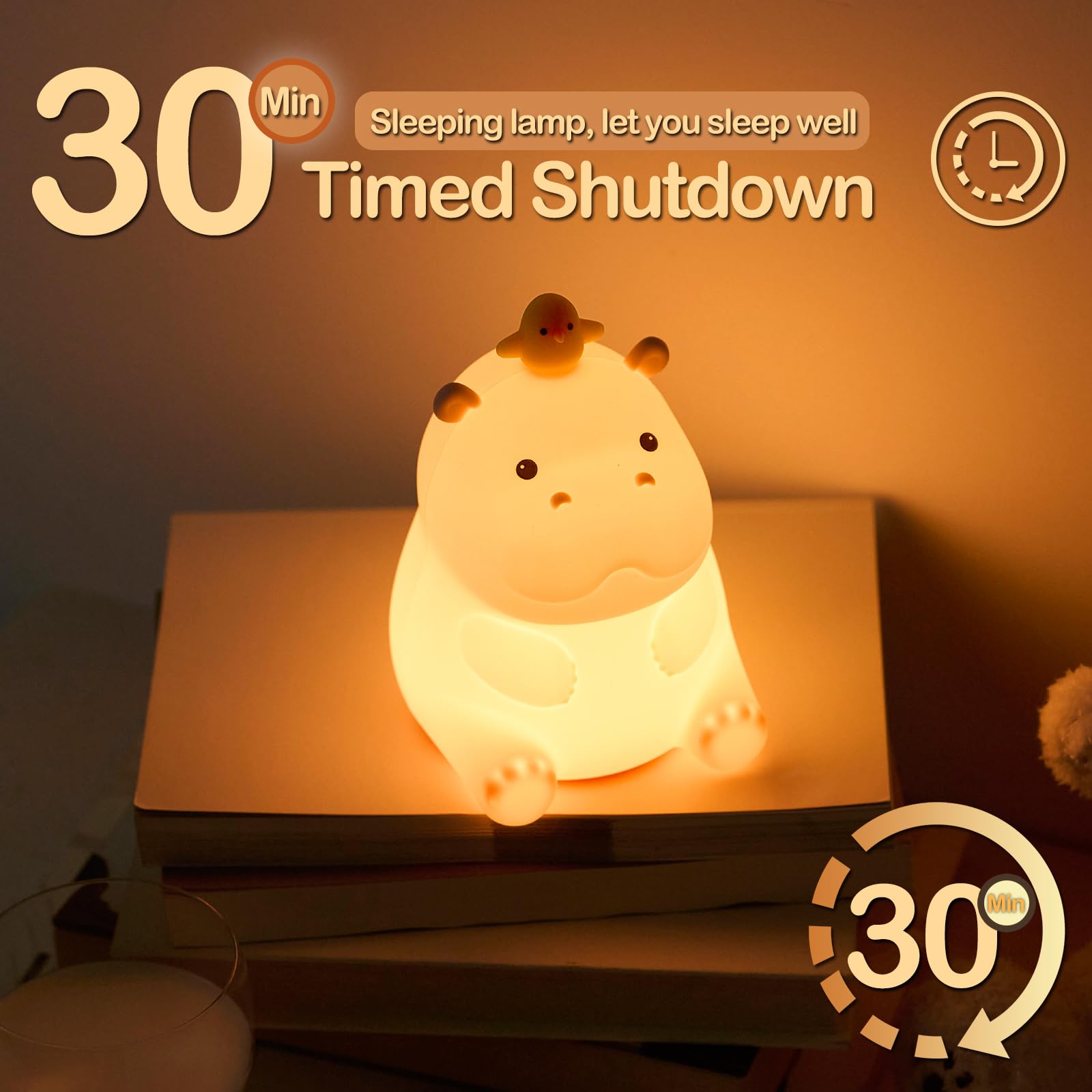 Atsui Hippo Night Light  Led Squishy Novelty Animal Lamp  Food Grade Silicone  2 Level Dimmable  Nursery Nightlight For Desk Decor  Funny Gifts Stuff For Boys Girls Baby  White Elephant Gifts