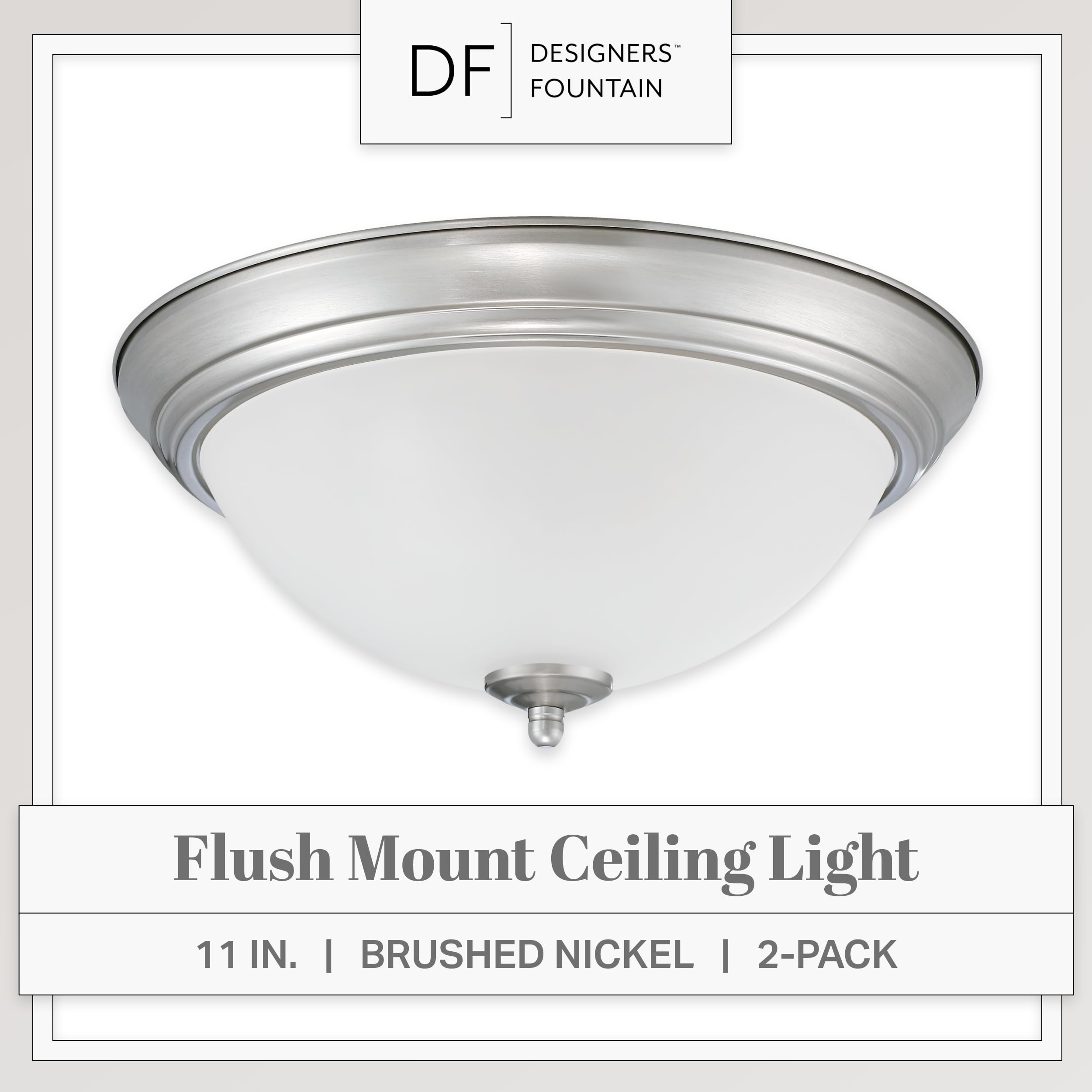 Designers Fountain Flush Mount Ceiling Light, 2-Pack, 11 Inch Led Frosted Glass Lighting Fixture For Kitchen, Bedroom, Bathroom, And Hallway, Brushed Nickel, D333M-11Fm-Bn2