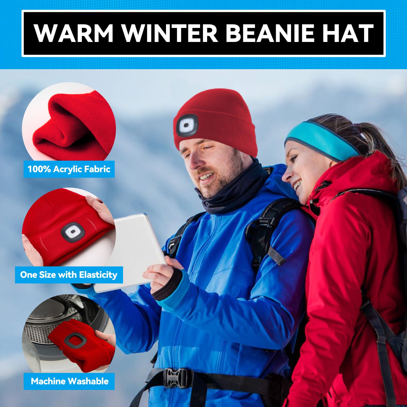 FFIPBGE Beanie Hats with Light, USB Rechargeable Headlamp, 2 Pack, Acrylic, Red, Model BHL2413