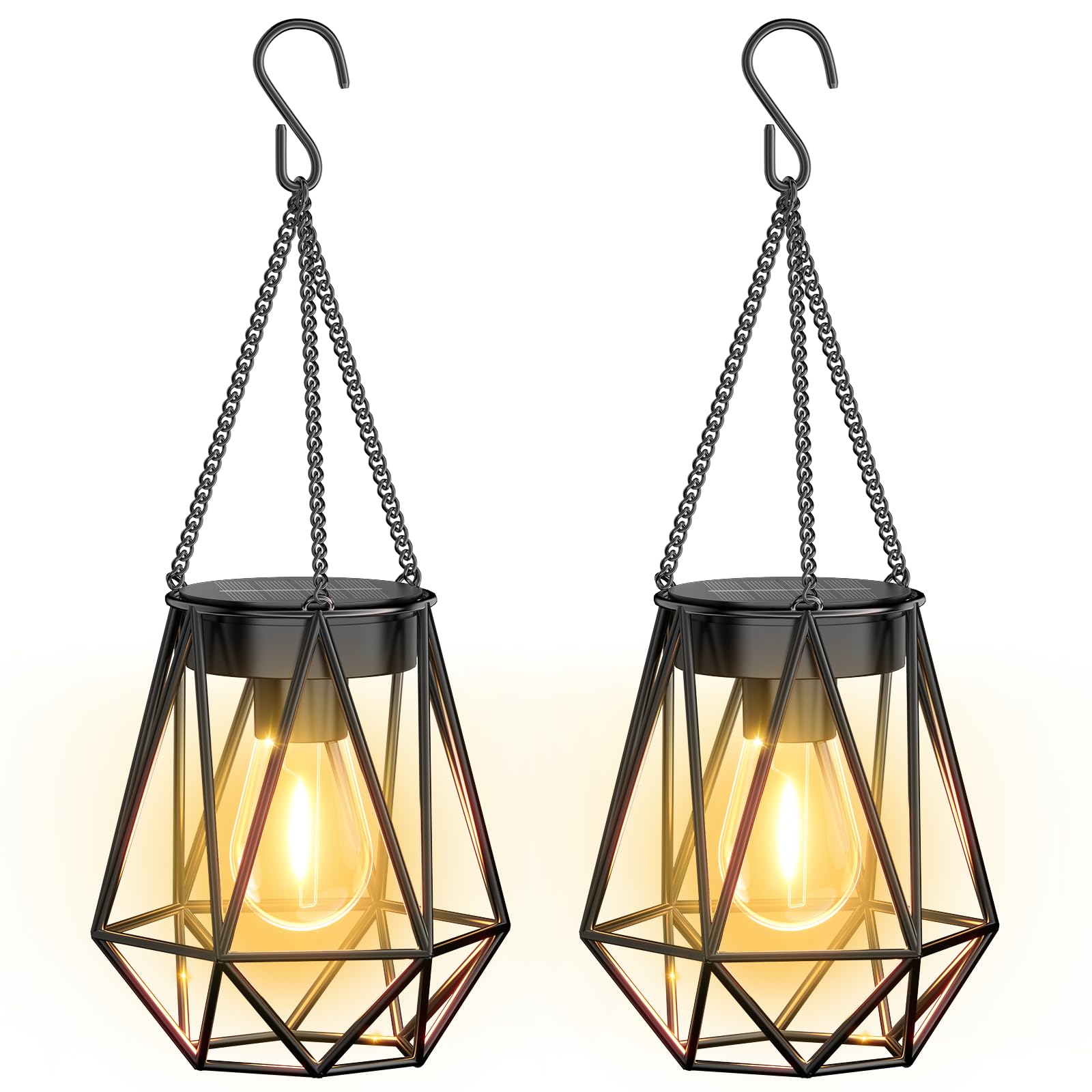 KOOPER Solar Lanterns 2 Pack, Waterproof Metal, Diamond Shape, Black, Model TLL031, Outdoor Decorative Lights for Patio and Garden
