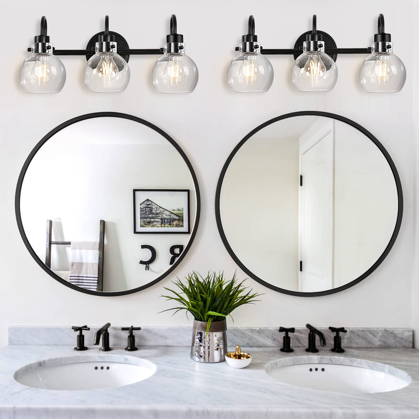 Apenath 3-Light Black Bathroom Vanity Light Fixtures with Globe Glass Shade, Metal, Model FL-3BRWL-01