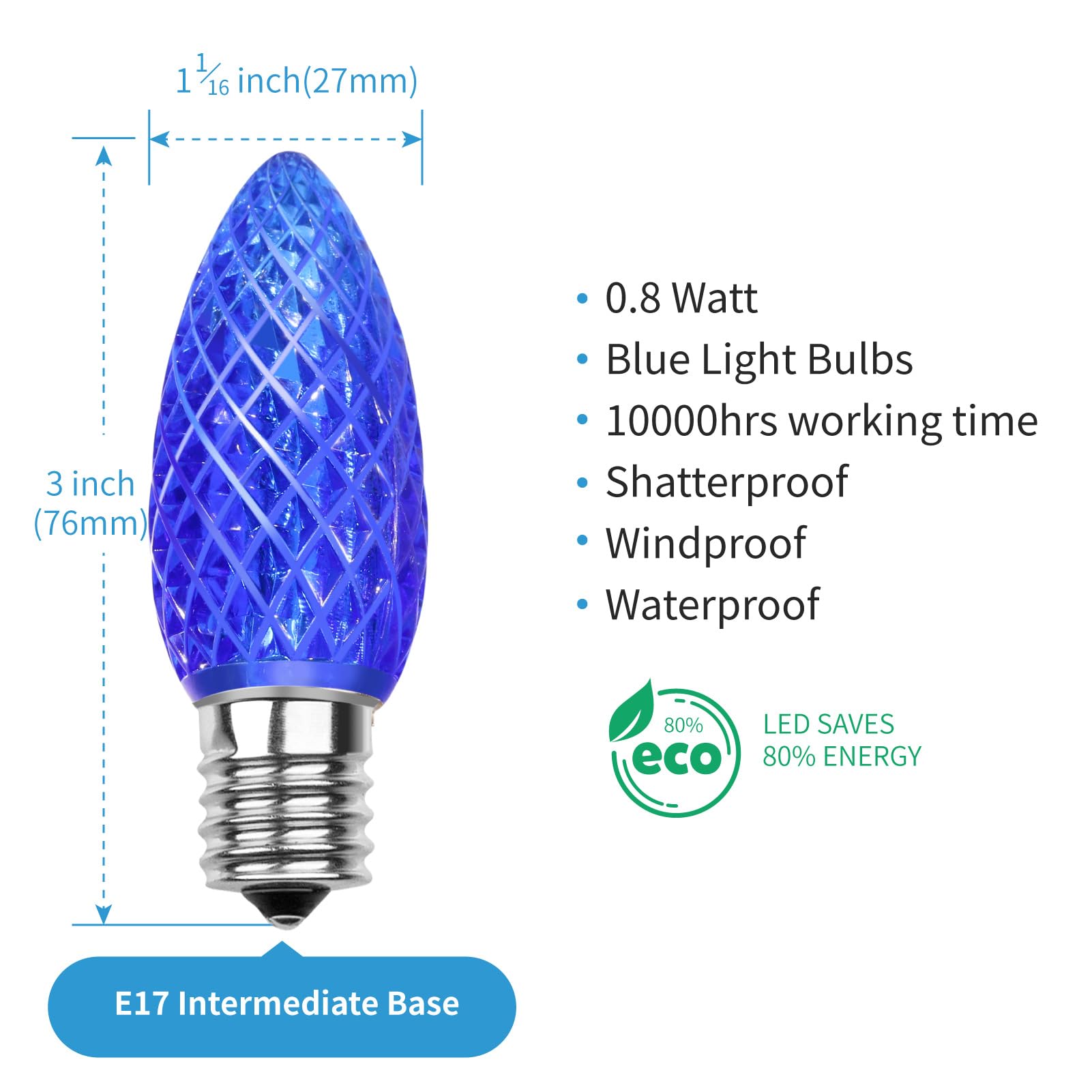 Meconard C9 Led Replacement Christmas Light Bulbs, C9 Shatterproof Led Bulbs For Christmas Indoor Outdoor String Lights, E17 Intermediate Base, Commercial Grade Holiday Bulbs, Blue, 25Pack