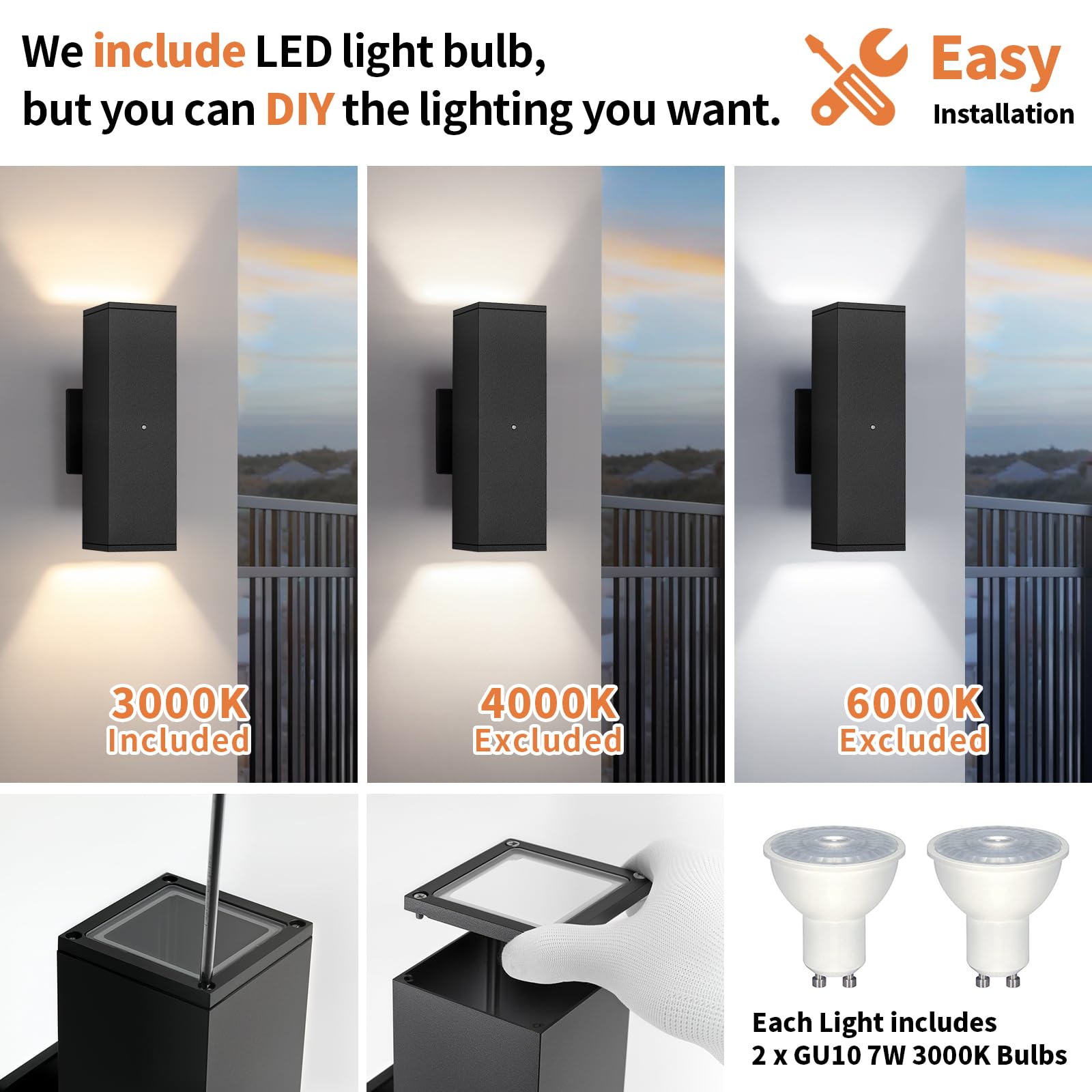 Tewei LED Outdoor Sconce Lights, Matte Black, 7W Bulbs, 2 Pack