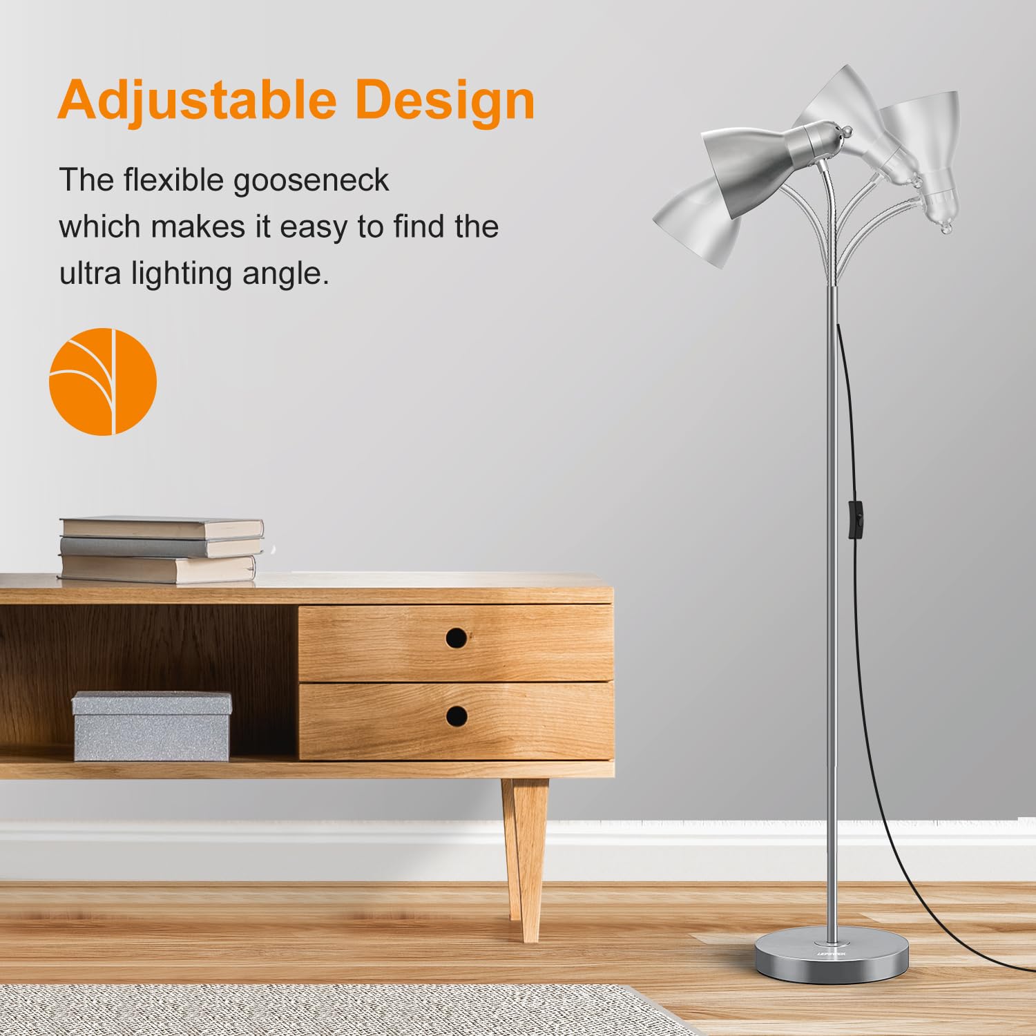 LEPOWER Metal Floor Lamp - Adjustable Gooseneck, Heavy Base, Silver - Model UF2012 for Office, Bedroom, Living Room Reading